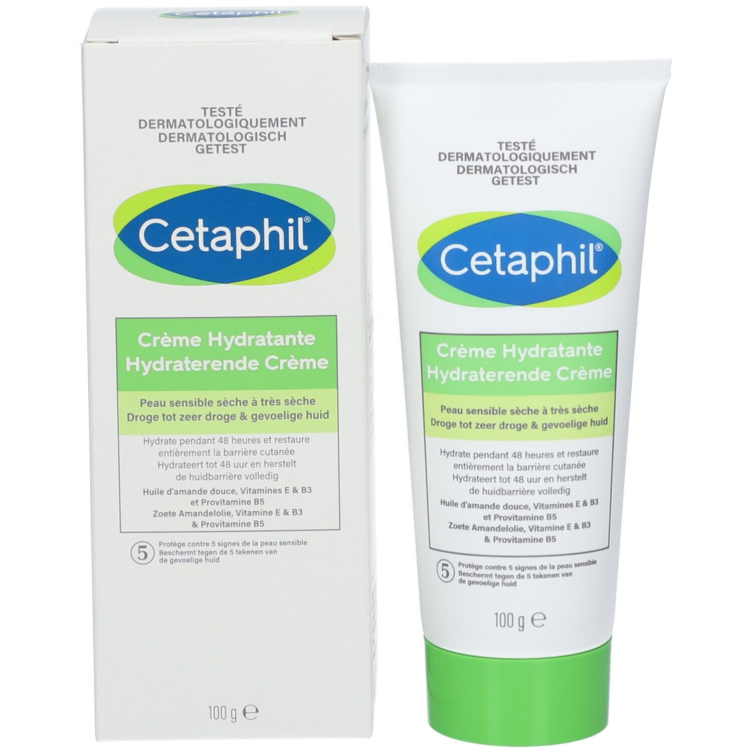 Cetaphil Crème Hydratante Tube und Schachtel. Grün-weiß. Text auf beiden. Dermatologisch getestet.
