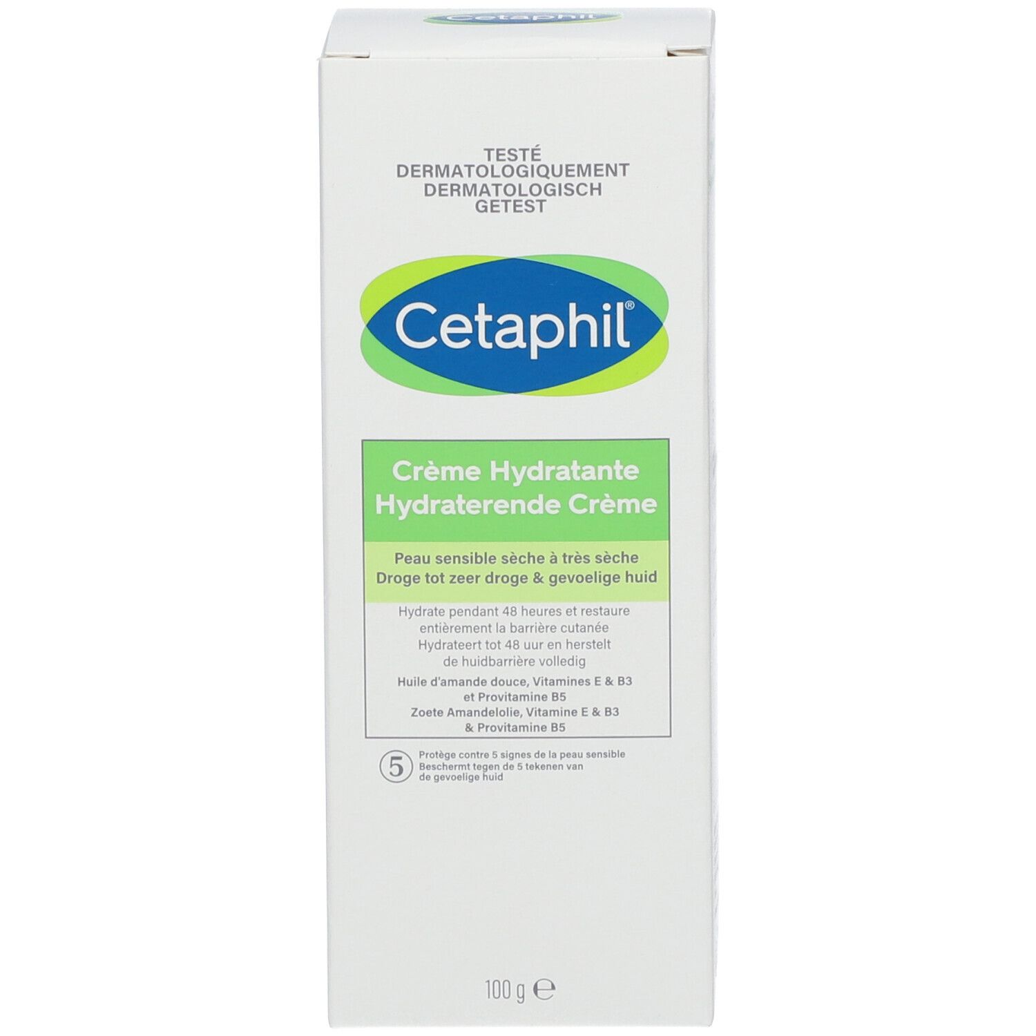Cetaphil Crème Hydratante Schachtel. Grün-weiß. Text auf der Schachtel. Dermatologisch getestet.