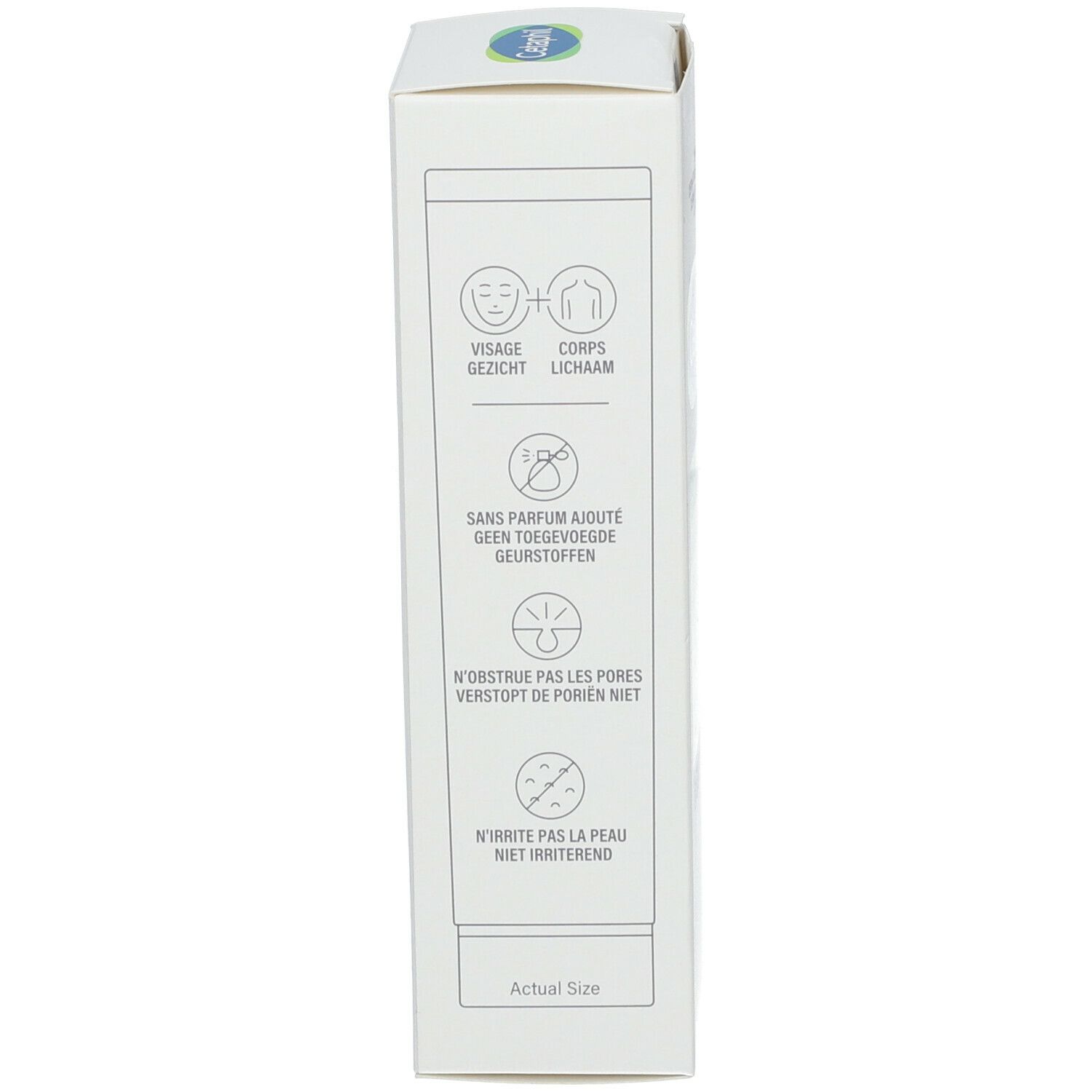 Seite der Cetaphil Crème Hydratante Schachtel. Symbole. Tatsächliche Größe.