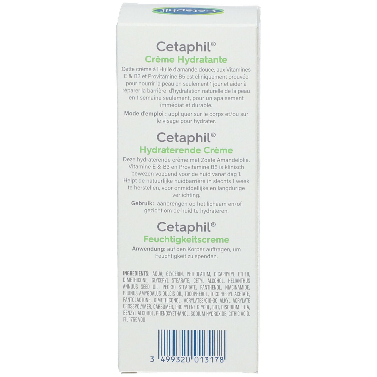 Rückseite der Cetaphil Crème Hydratante Schachtel. Text. Inhaltsstoffe.