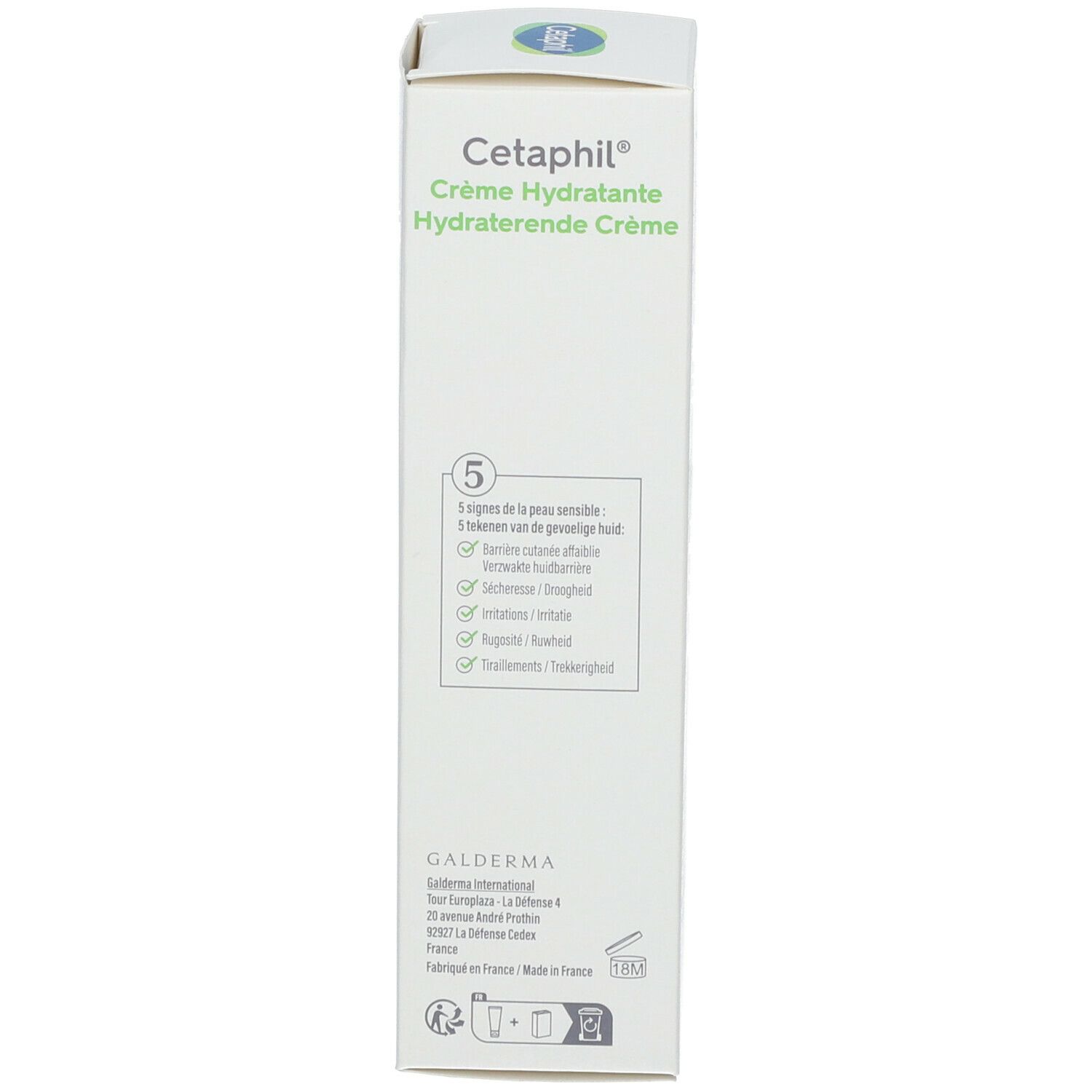 Seite der Cetaphil Crème Hydratante Schachtel. Text. Galderma.