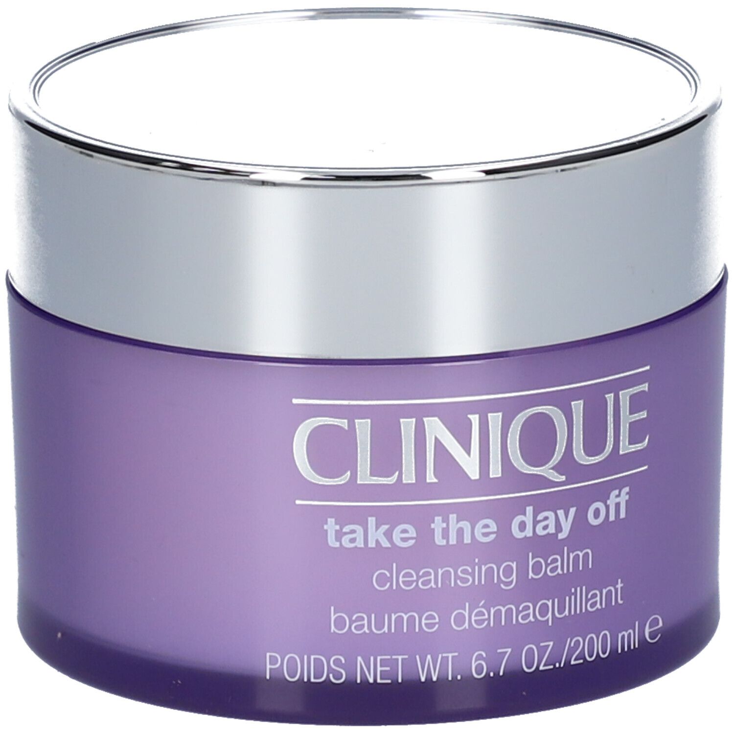 Pot violet avec couvercle argenté. Inscription : CLINIQUE Take The Day Off Cleansing Balm. Contenu : 200 ml.