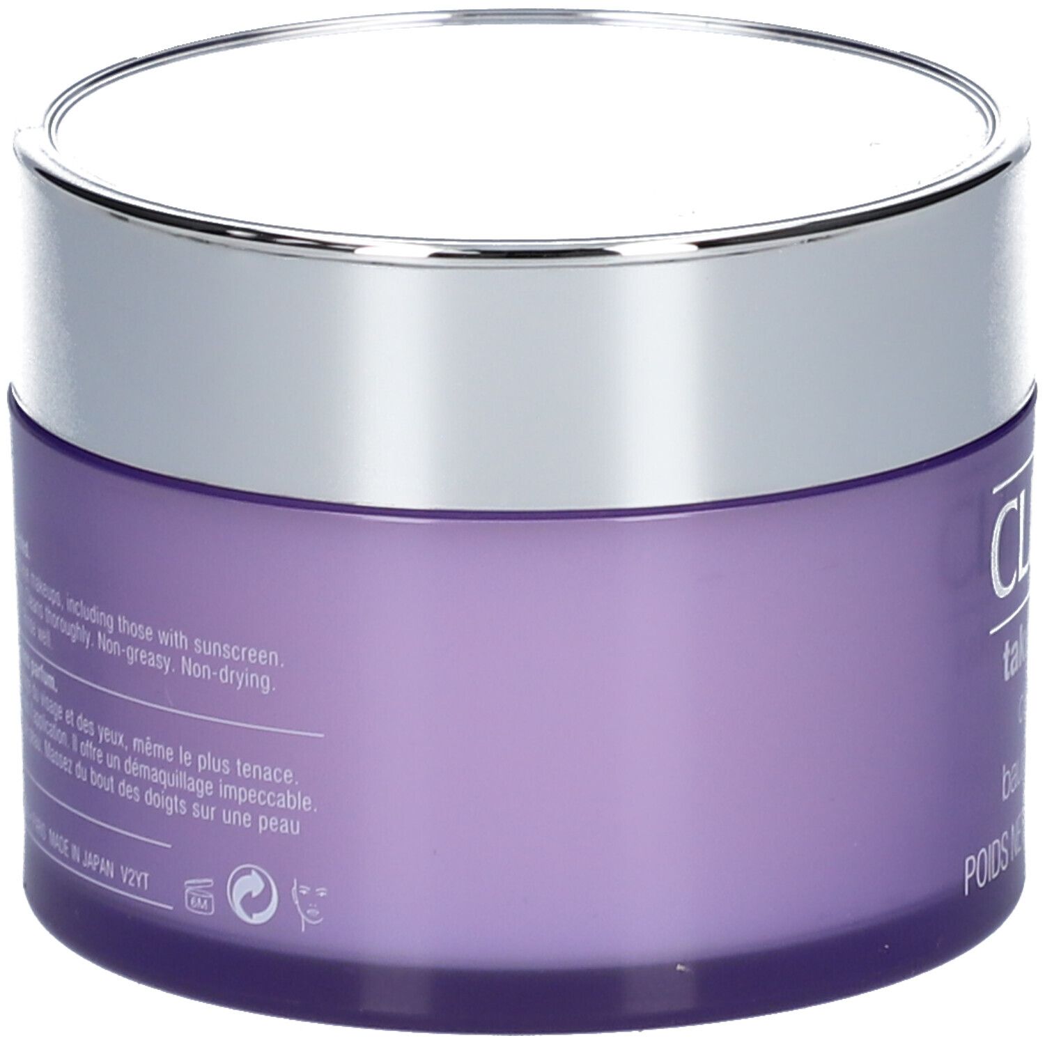 Pot violet avec couvercle argenté. Inscription : CLINIQUE Take The Day Off Cleansing Balm. Texte au dos.