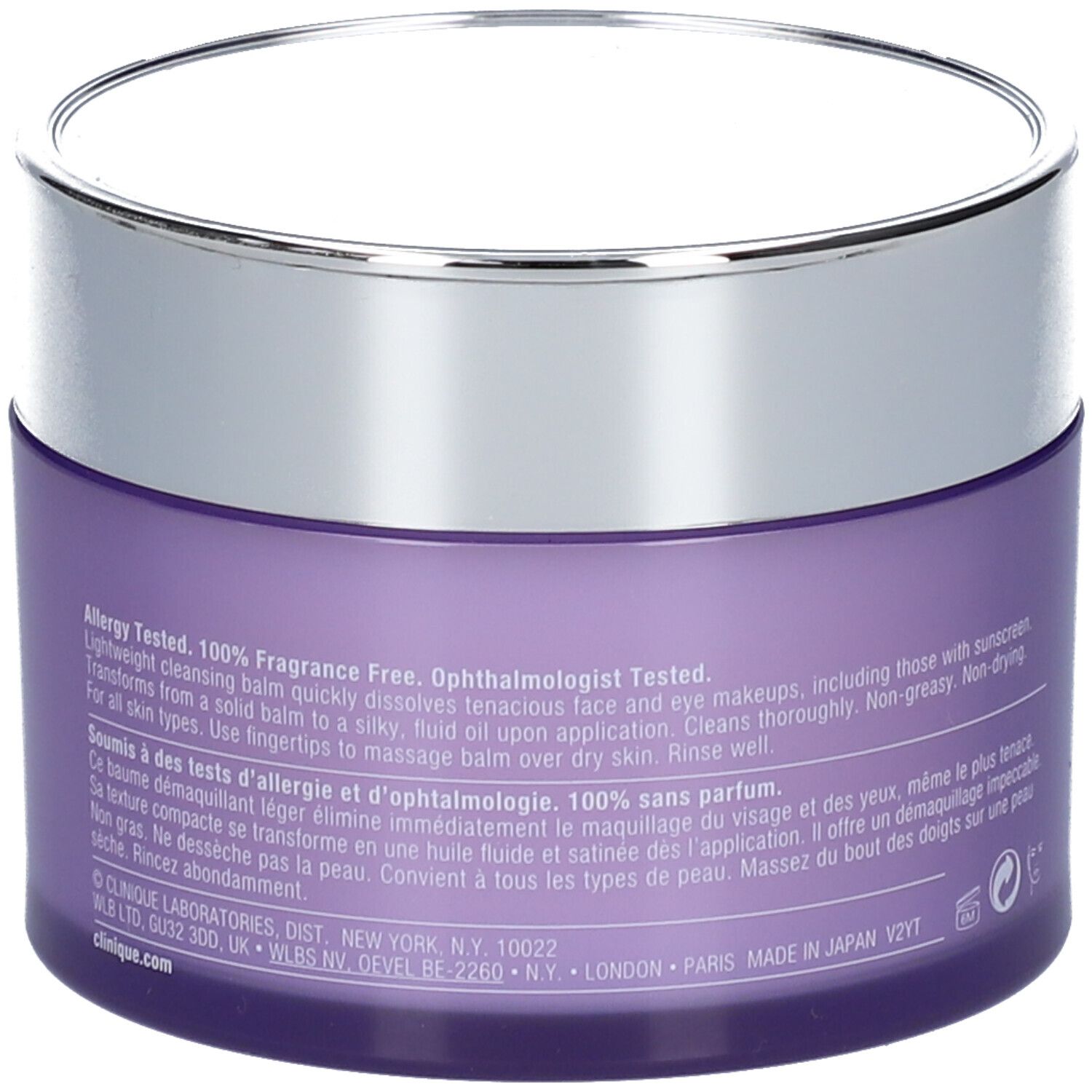Pot violet avec couvercle argenté. Inscription : CLINIQUE Take The Day Off Cleansing Balm. Texte au dos.