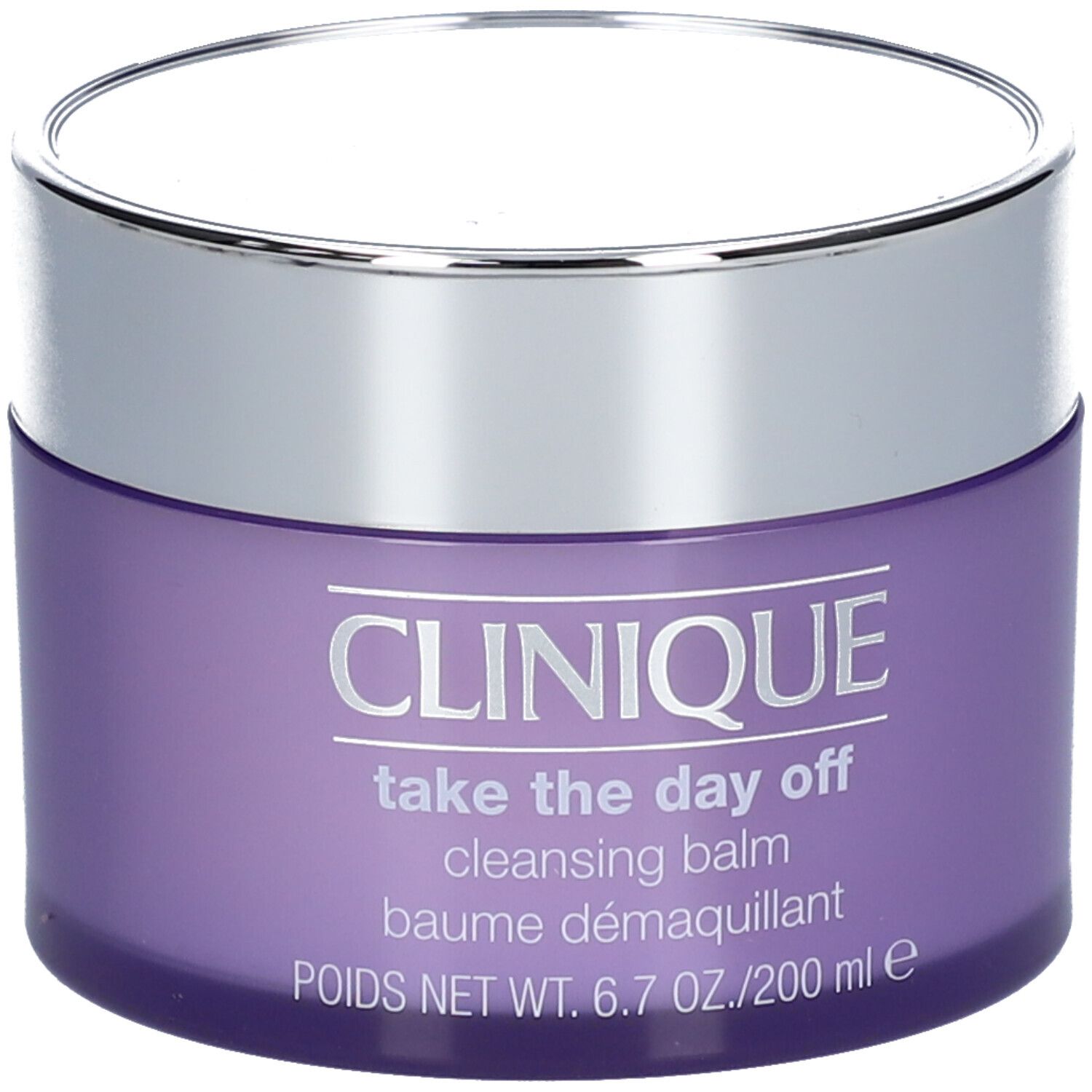Pot violet avec couvercle argenté. Inscription : CLINIQUE Take The Day Off Cleansing Balm. Contenu : 200 ml.