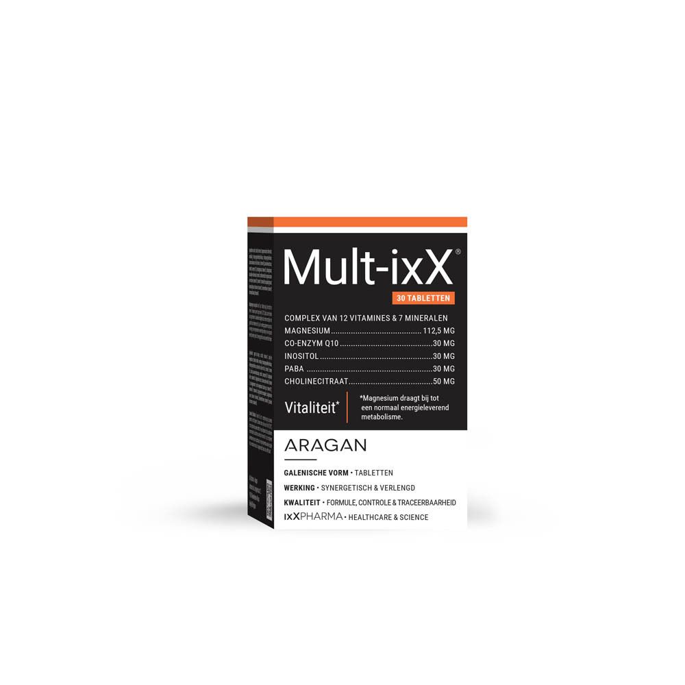 Produktverpackung, Schachtel. "Mult-ixX"-Logo. 30 Tabletten. Inhaltsstoffe und Nährwerte.