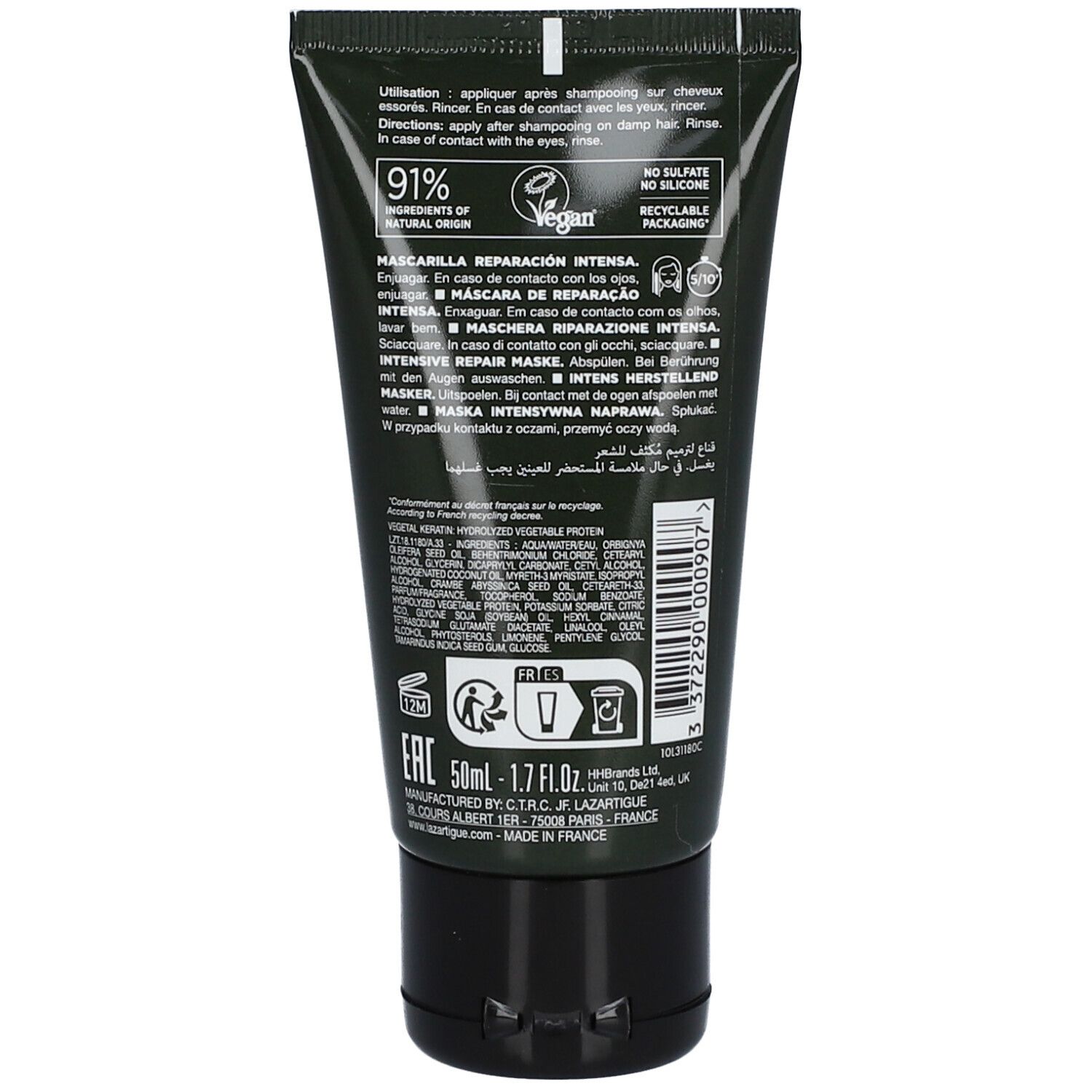 Dunkelgrüne Tube. Aufschrift: 91% Inhaltsstoffe natürlichen Ursprungs, Vegan, recycelbare Verpackung. Text in mehreren Sprachen.