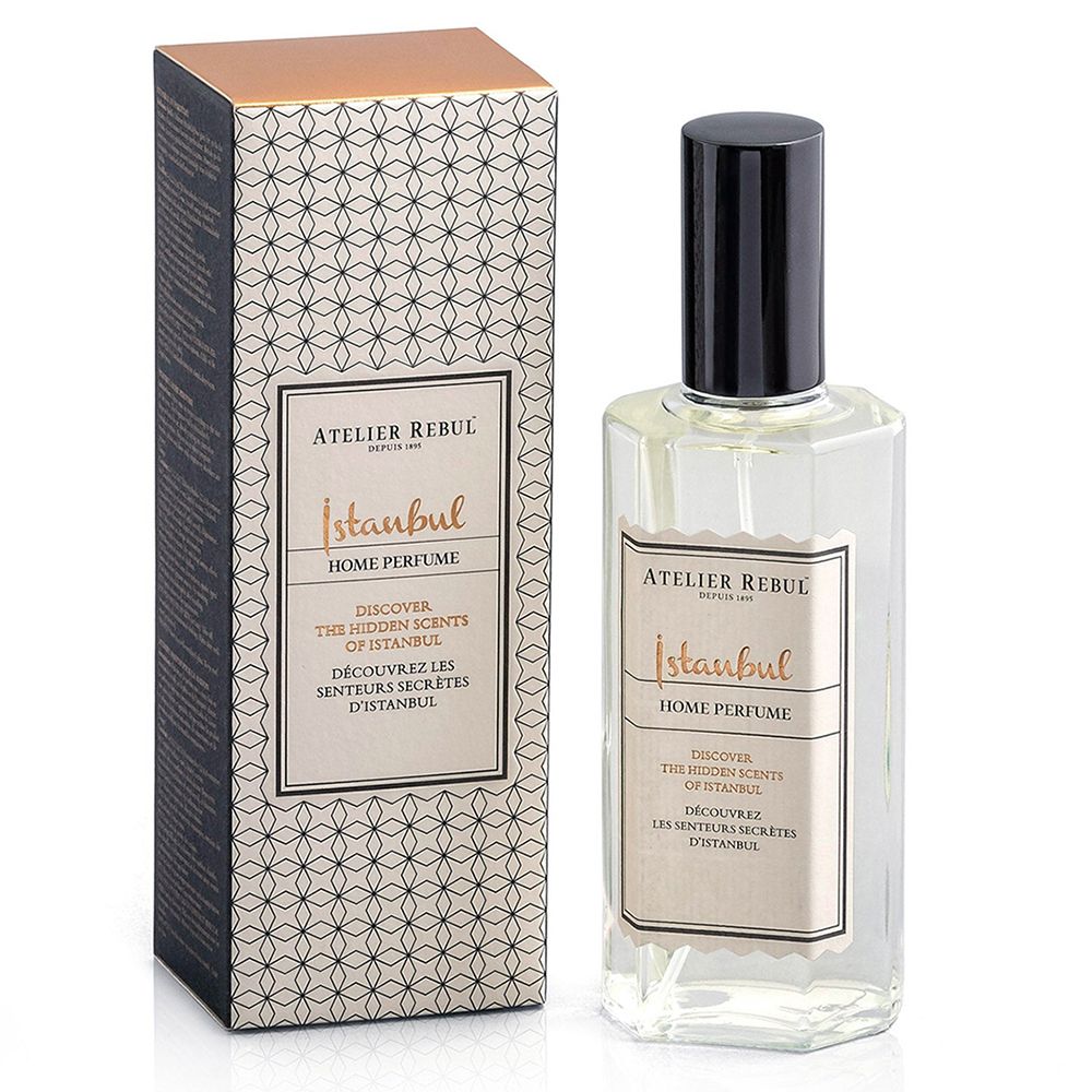 ATELIER REBUL Istanbul Home Parfum avec emballage. Flacon rectangulaire, bouchon noir. Emballage à motifs.