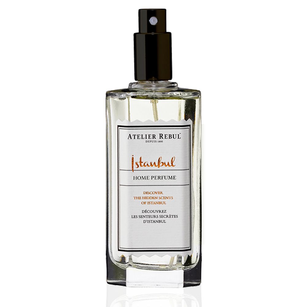 ATELIER REBUL Istanbul Home Parfum. Flacon rectangulaire transparent, vaporisateur noir. Étiquette blanche.