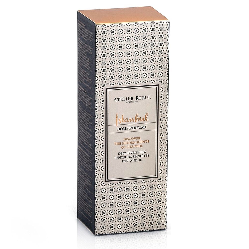 Emballage ATELIER REBUL Istanbul Home Parfum. Boîte haute et rectangulaire, motifs et informations produit.