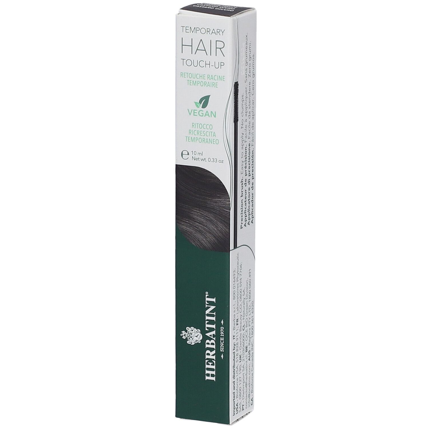 Herbatint Hair Touch Up, dunkelbraun. Schwarze Verpackung mit Produktnamen und Logo. Vegan.