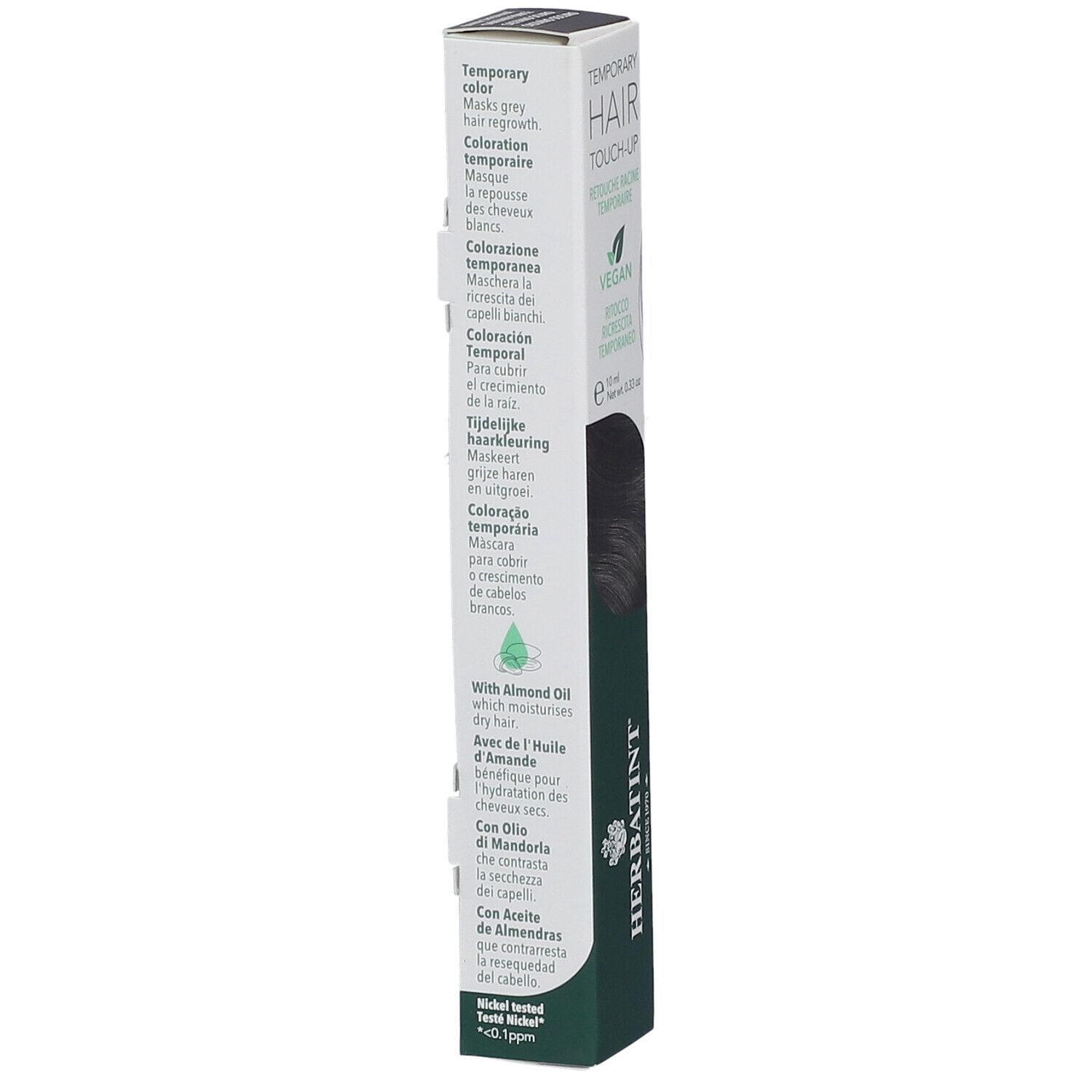 Herbatint Hair Touch Up, dunkelbraun. Text auf der Verpackung: Coloration temporaire, vegan, mit Mandelöl.