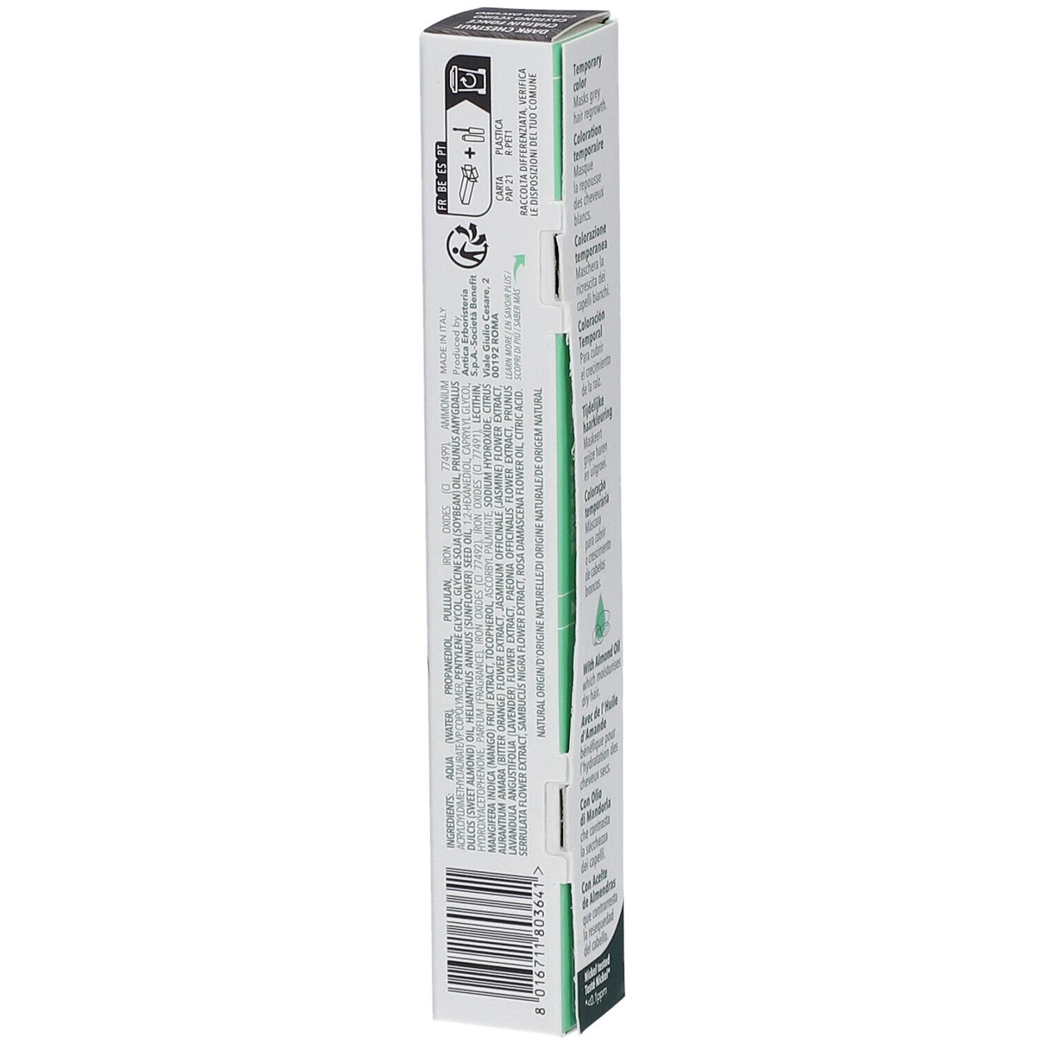 Herbatint Hair Touch Up, dunkelbraun. Rückseite der Verpackung mit Inhaltsstoffen und Herstellerinformationen.