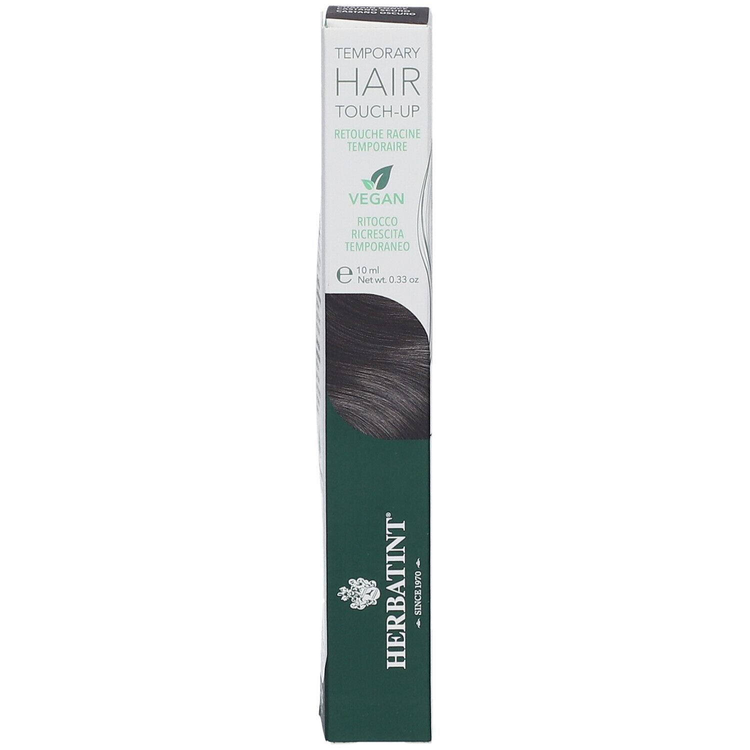 Herbatint Hair Touch Up, dunkelbraun. Schwarze Verpackung mit Produktnamen und Logo. Vegan.
