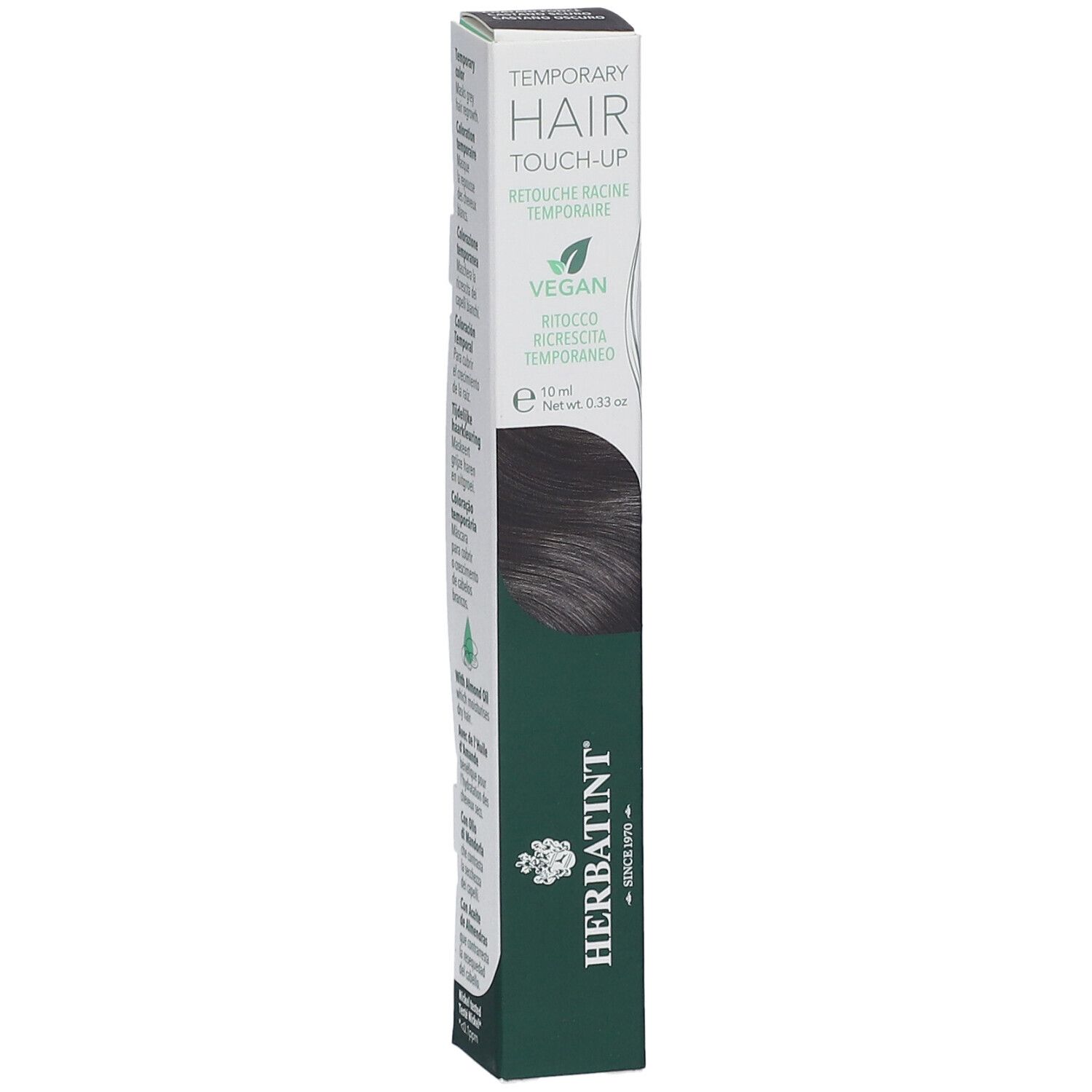 Herbatint Hair Touch Up, dunkelbraun. Schwarze Verpackung mit Produktnamen und Logo. Vegan.