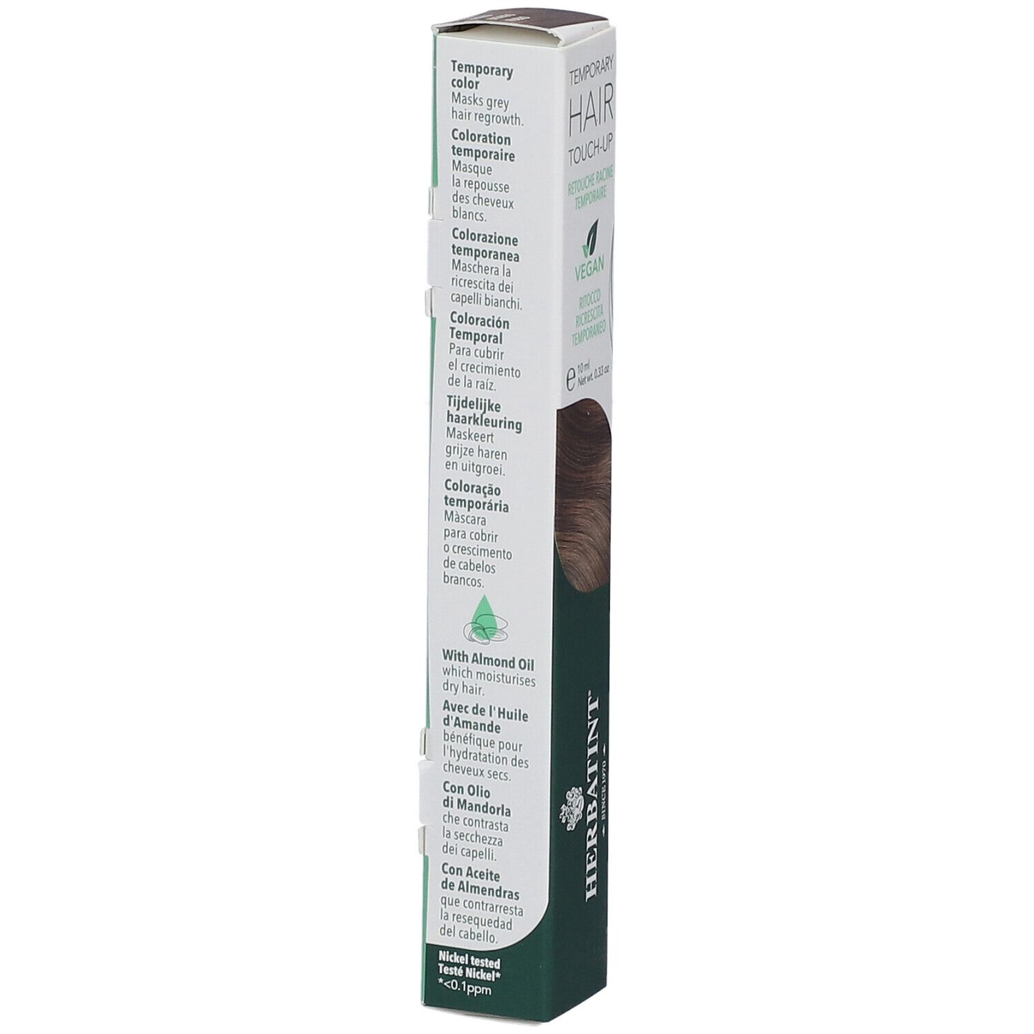 Herbatint Hair Touch Up Blond. Verpackung mit Text. Enthält Mandelöl. Nickel getestet. Vegan.