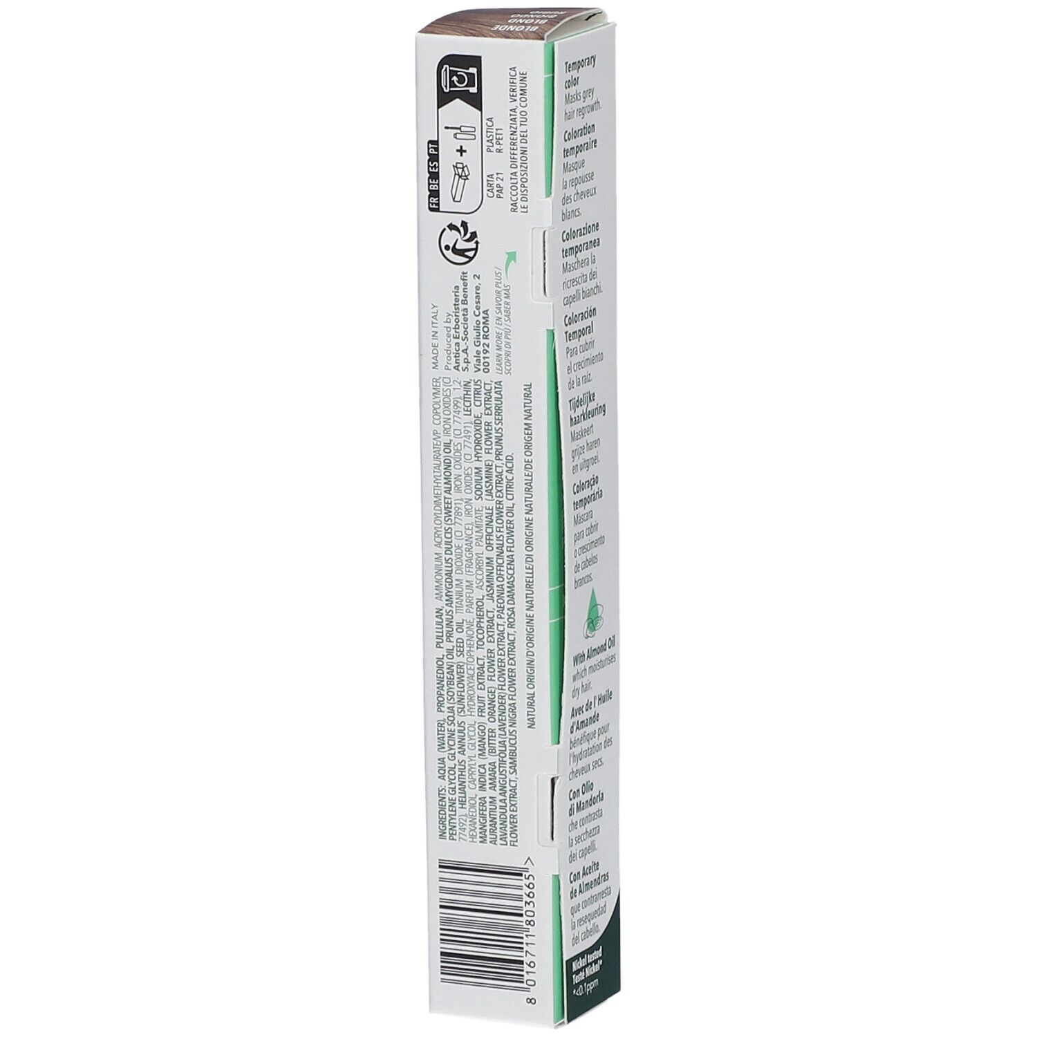 Herbatint Hair Touch Up Blond. Verpackung mit Inhaltsstoffen und Text. Hergestellt in Italien.