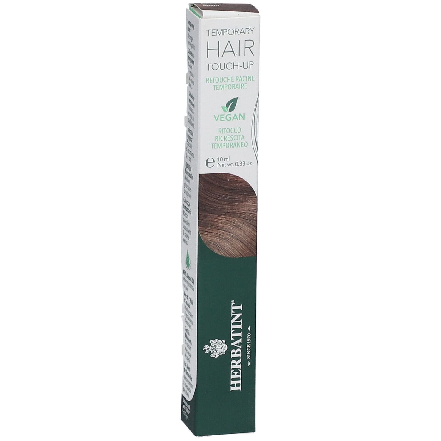 Herbatint Hair Touch Up Blond. Verpackung mit Produktabbildung und Text. Vegan-Siegel. 10 ml.