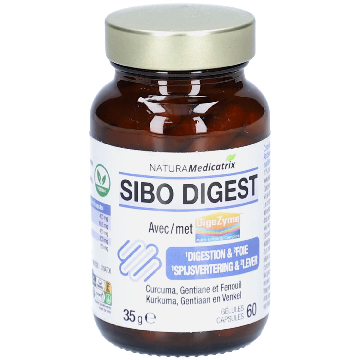 Braune Glasflasche mit goldfarbenem Deckel. Aufschrift SIBO DIGEST, Vegan-Siegel. Enthält 60 Kapseln.