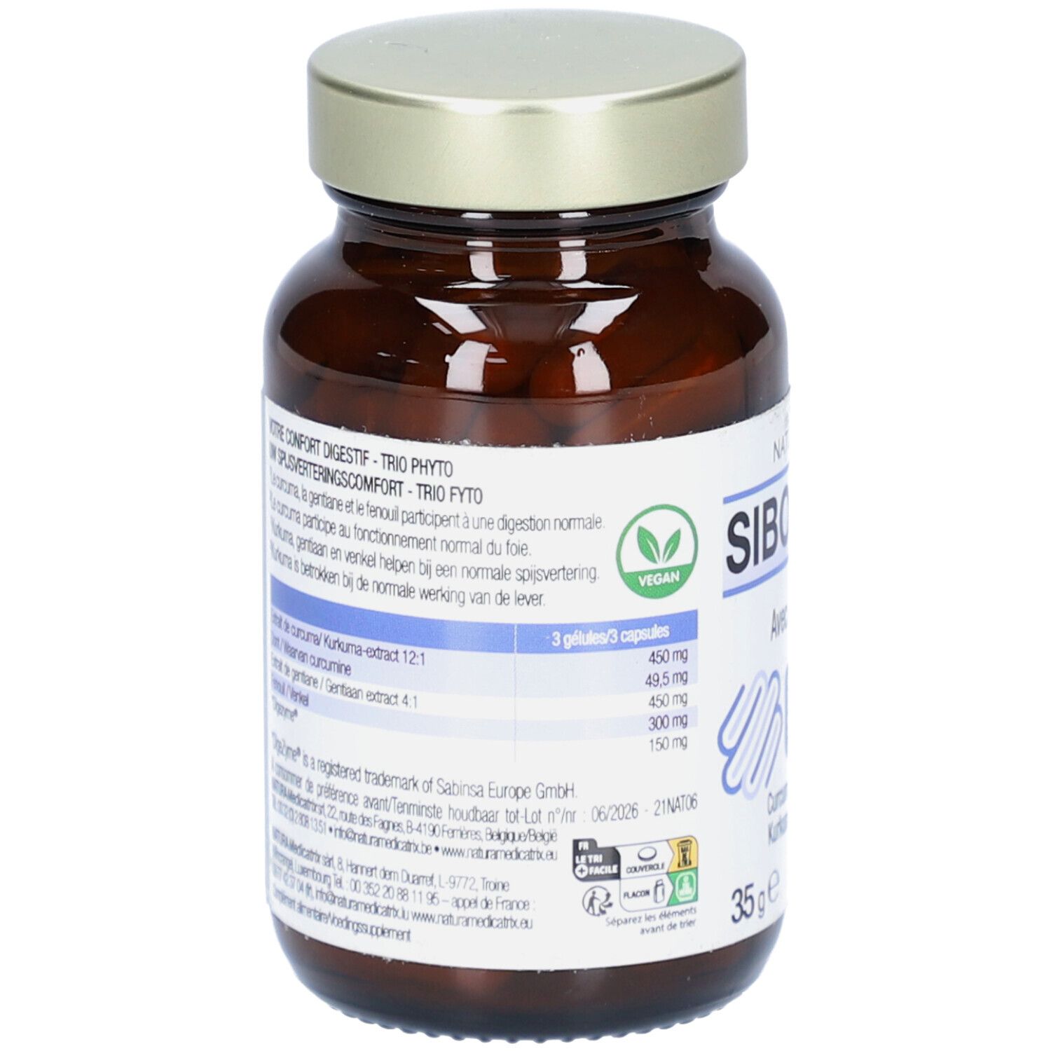 Rückseite der braunen Glasflasche. Enthält Informationen zu Inhaltsstoffen und Nährwerten. Vegan-Siegel.