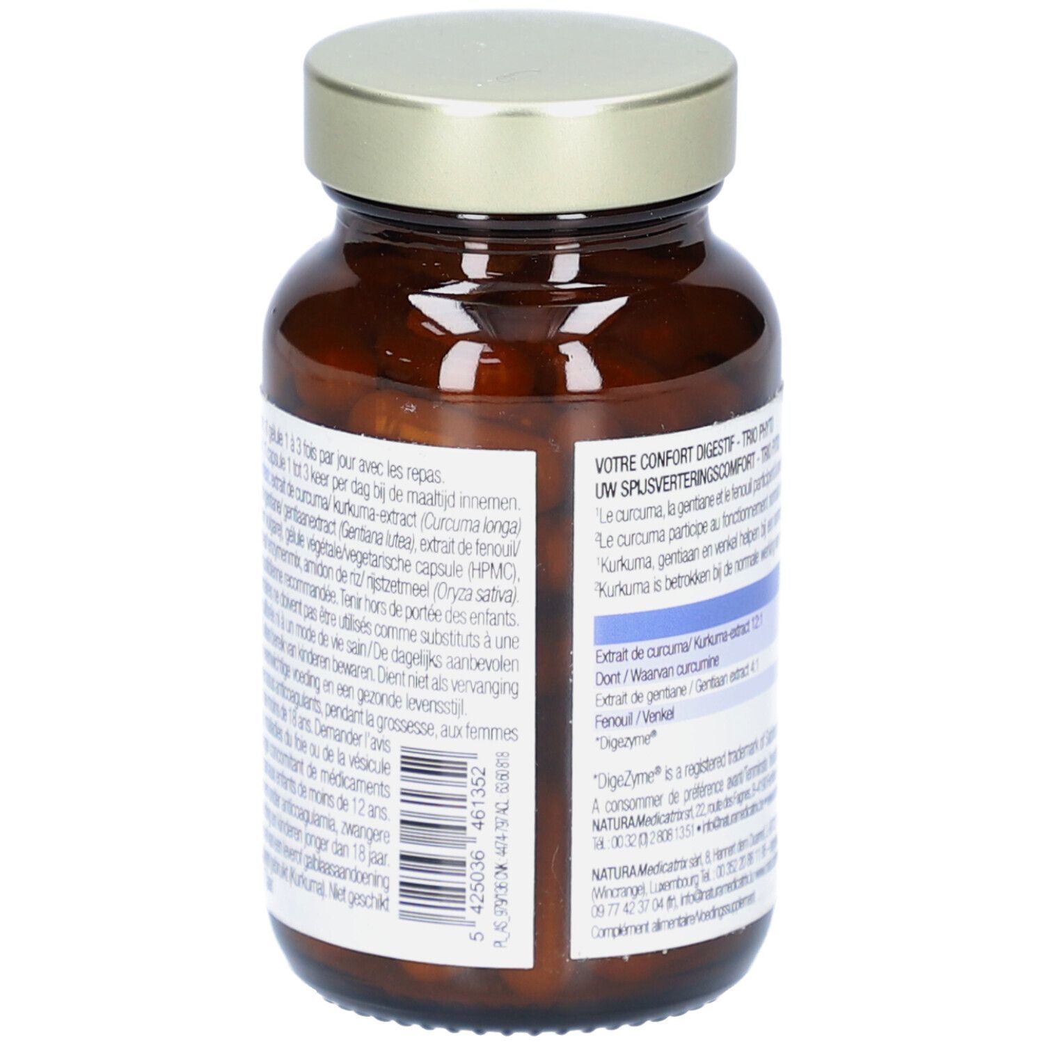 Rückseite der braunen Glasflasche. Text mit Inhaltsstoffen und Dosierung. Goldfarbener Deckel.