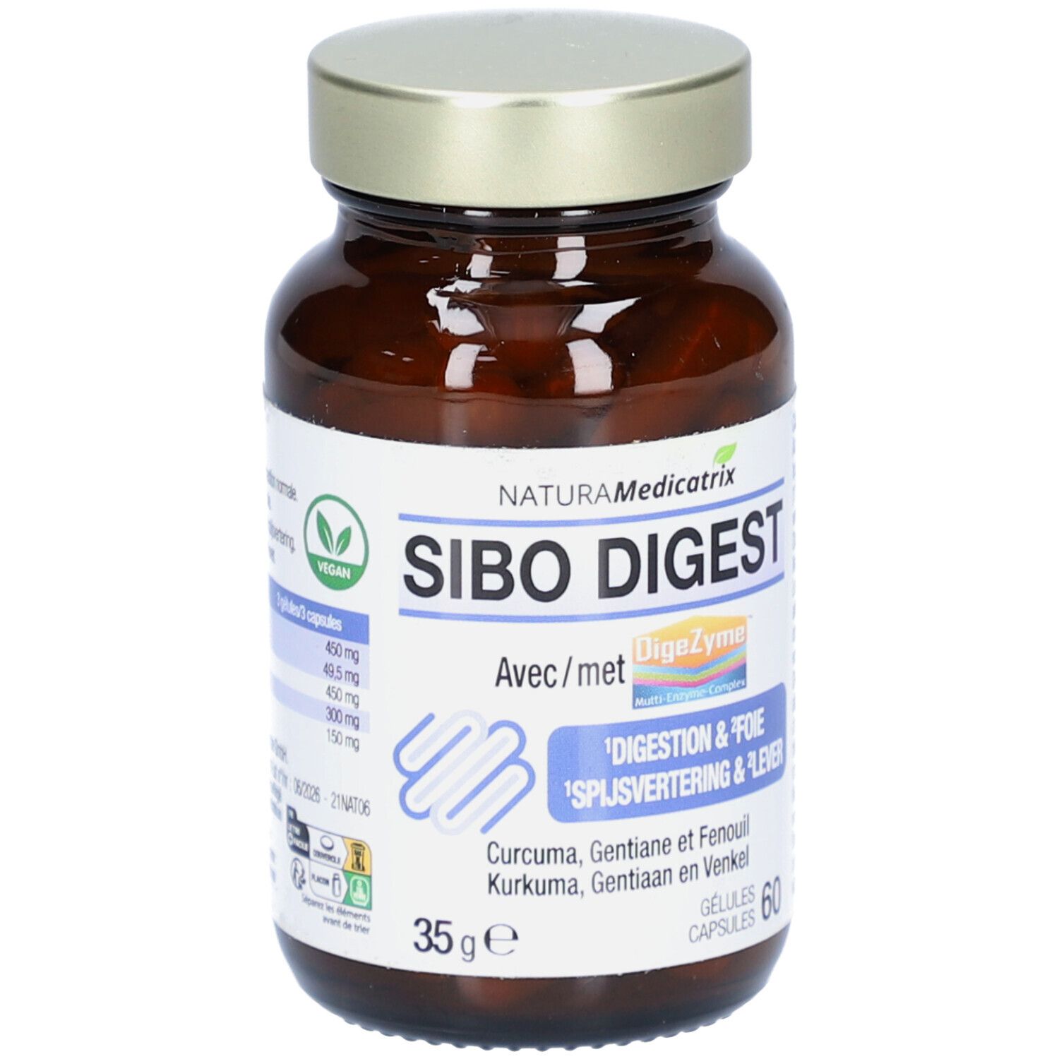 Braune Glasflasche mit goldfarbenem Deckel. Aufschrift SIBO DIGEST, Vegan-Siegel. 60 Kapseln.