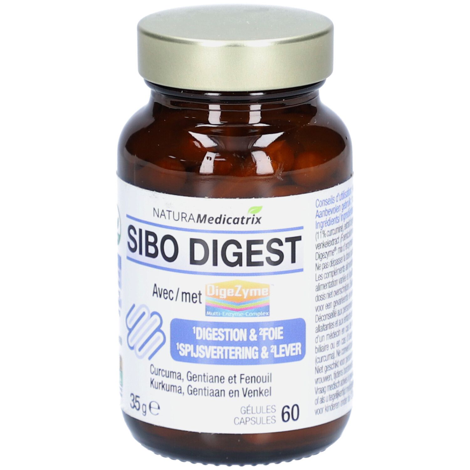 Braune Glasflasche mit goldfarbenem Deckel. Aufschrift SIBO DIGEST, Vegan-Siegel. 60 Kapseln.