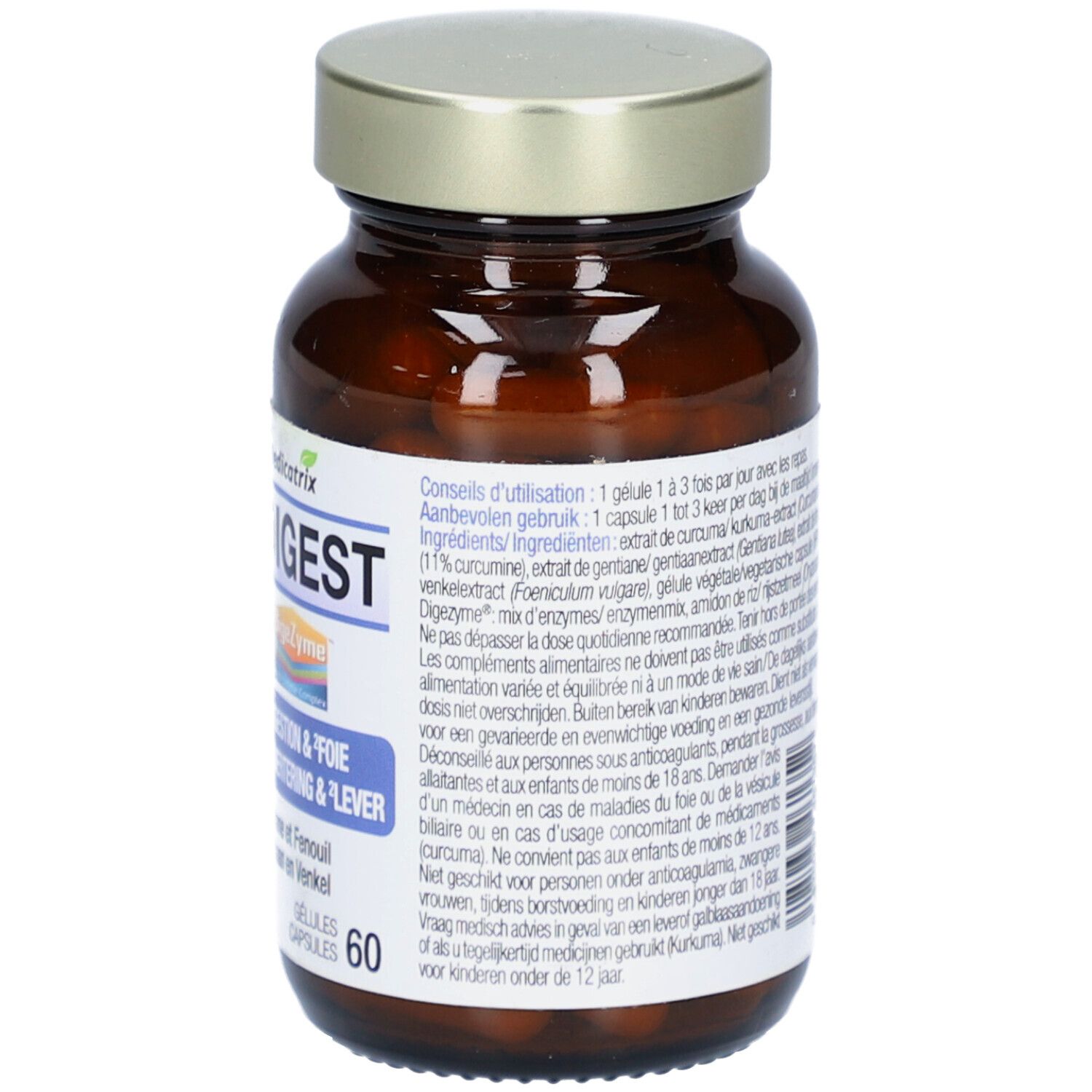 Braune Glasflasche mit goldfarbenem Deckel. Aufschrift SIBO DIGEST, Vegan-Siegel. 60 Kapseln.