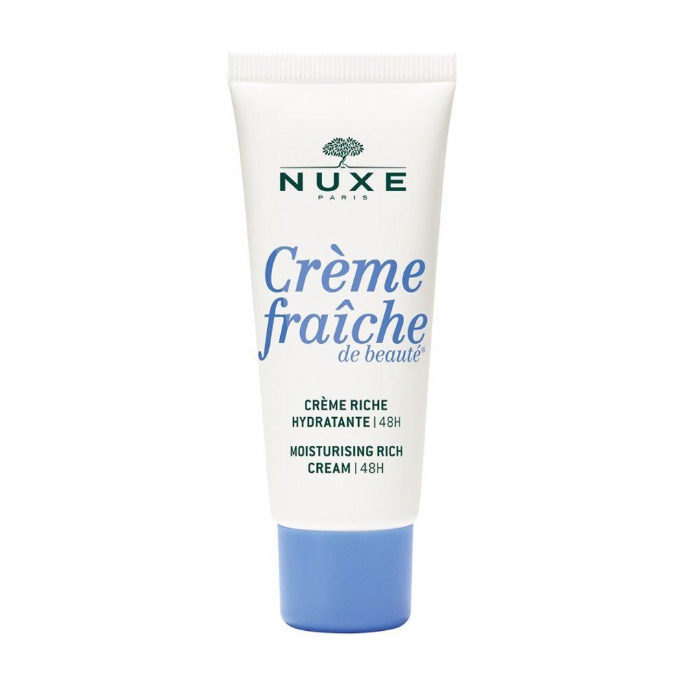 Tube de crème hydratante Nuxe Crème Fraîche de Beauté avec bouchon bleu.