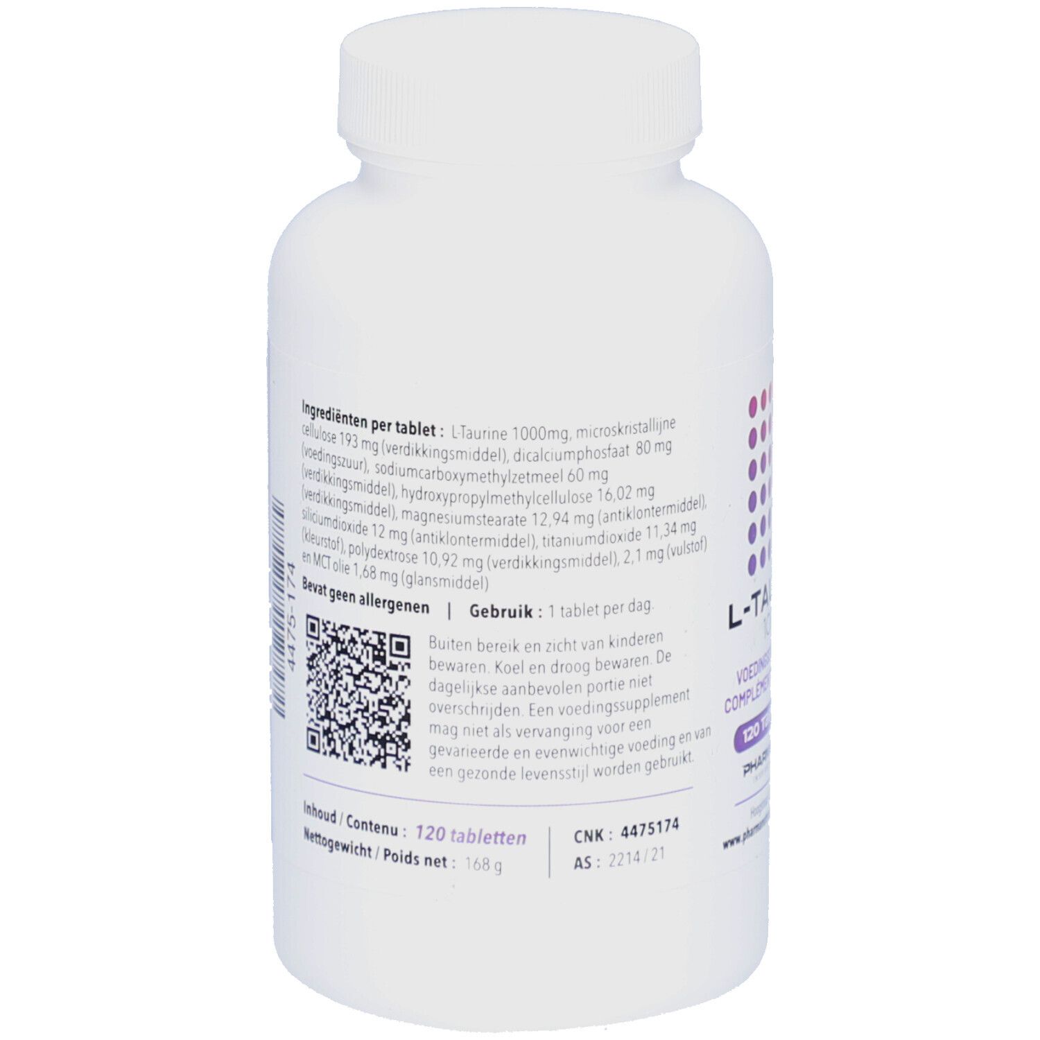 Rückseite des weißen Tablettenbehälters. Enthält Informationen zu Inhaltsstoffen und Anwendung. QR-Code.