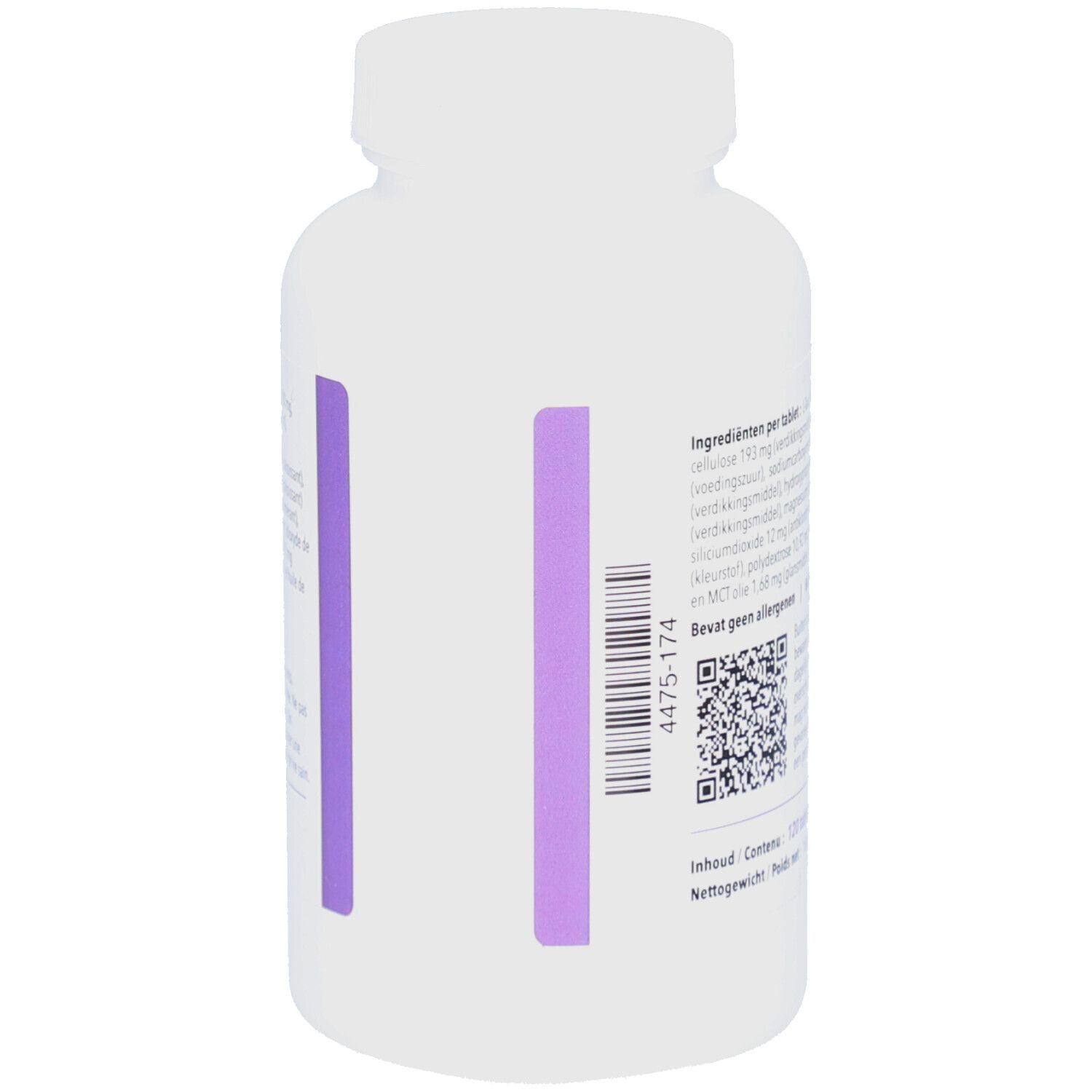 Weißer Tablettenbehälter mit lila Etikett. Enthält Informationen zu Inhaltsstoffen und Anwendung. QR-Code.