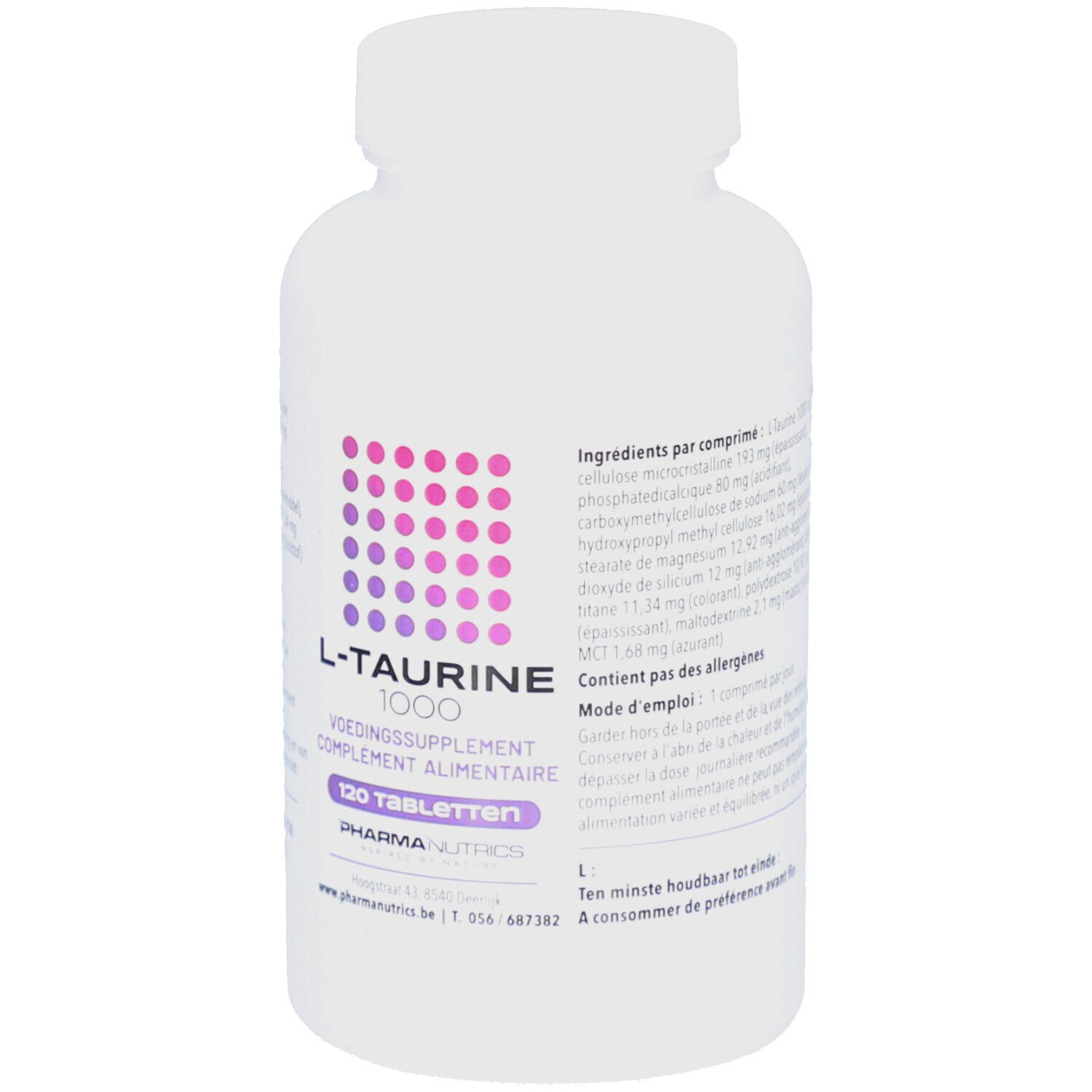 Weißes Tablettenbehälter mit Aufschrift L-Taurine 1000. Enthält 120 Tabletten. Marke PharmaNutrics.