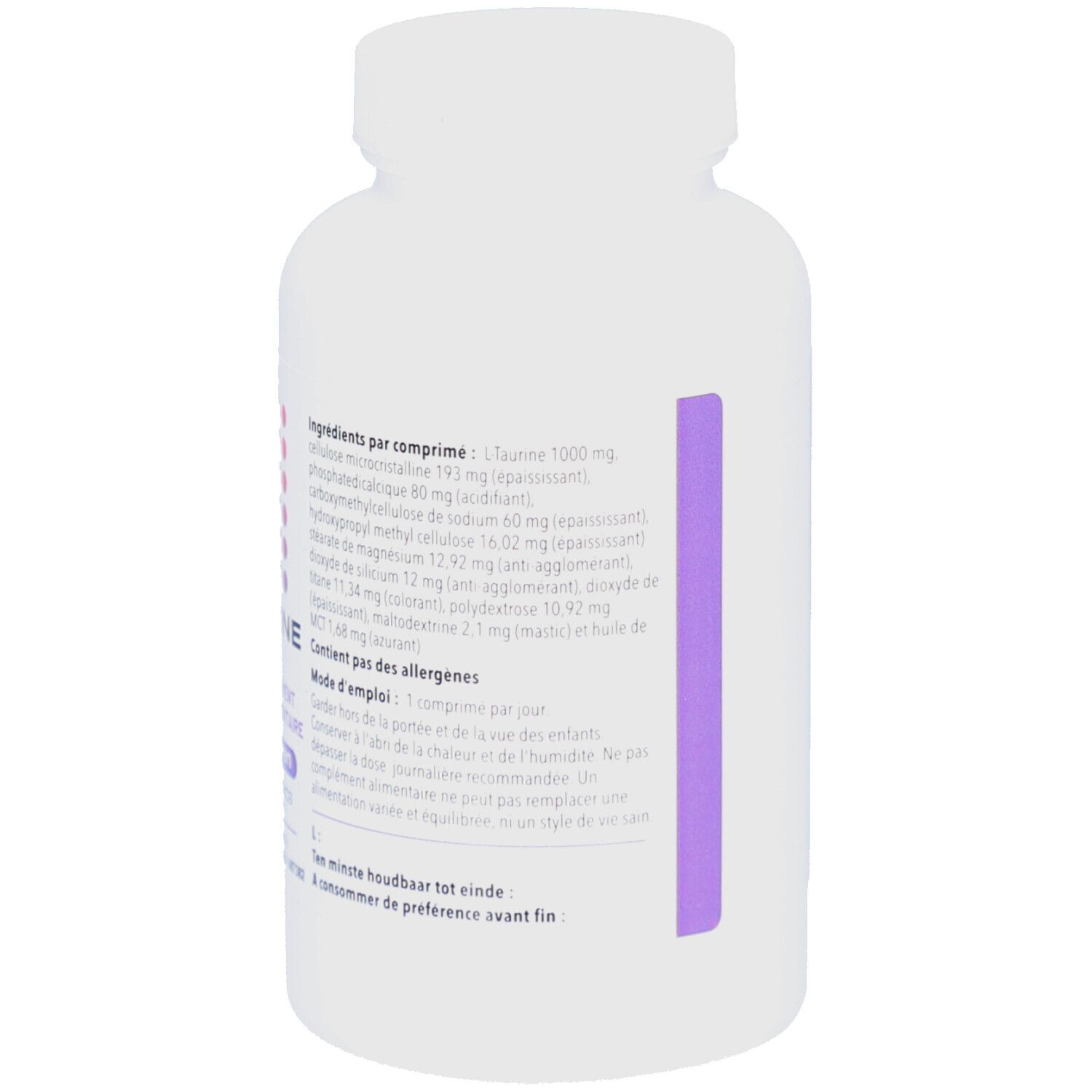 Rückseite des weißen Tablettenbehälters. Enthält Informationen zu Inhaltsstoffen und Anwendung.