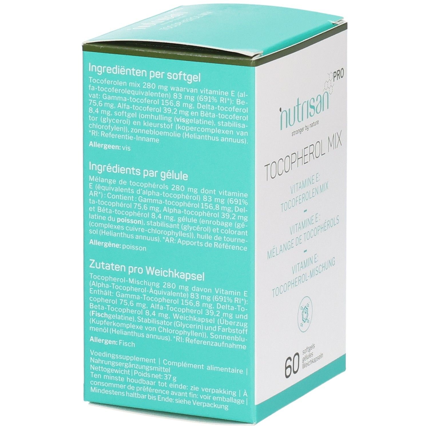 Rückseite der Produktverpackung. Zutatenliste in Deutsch, Französisch und Niederländisch.
