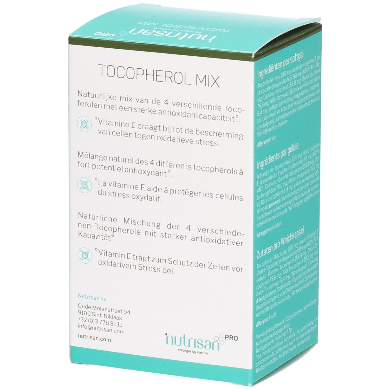 Rückseite der Verpackung mit Produktinformationen. Text in Deutsch, Französisch und Niederländisch.