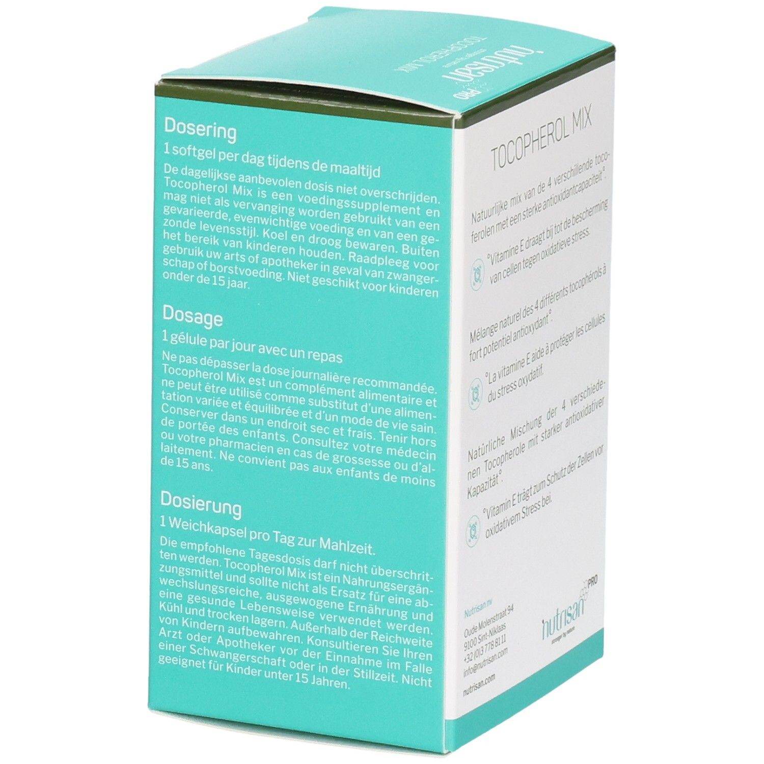 Seitenansicht der Verpackung mit Dosierungsanweisungen. Text in Deutsch, Französisch und Niederländisch.