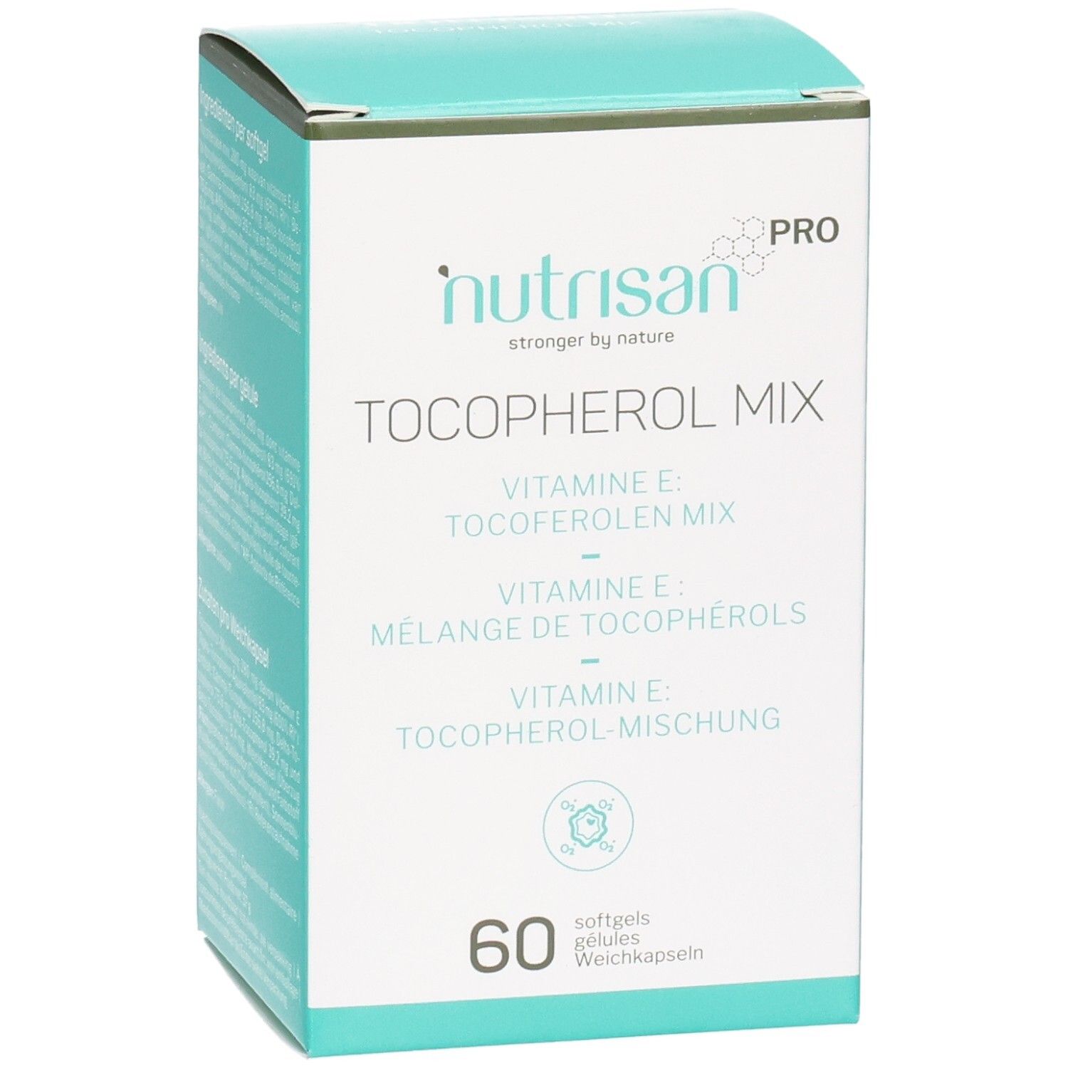 Produktverpackung mit Aufschrift: Nutrisan Pro, Tocopherol Mix, 60 Weichkapseln. Schrägansicht.