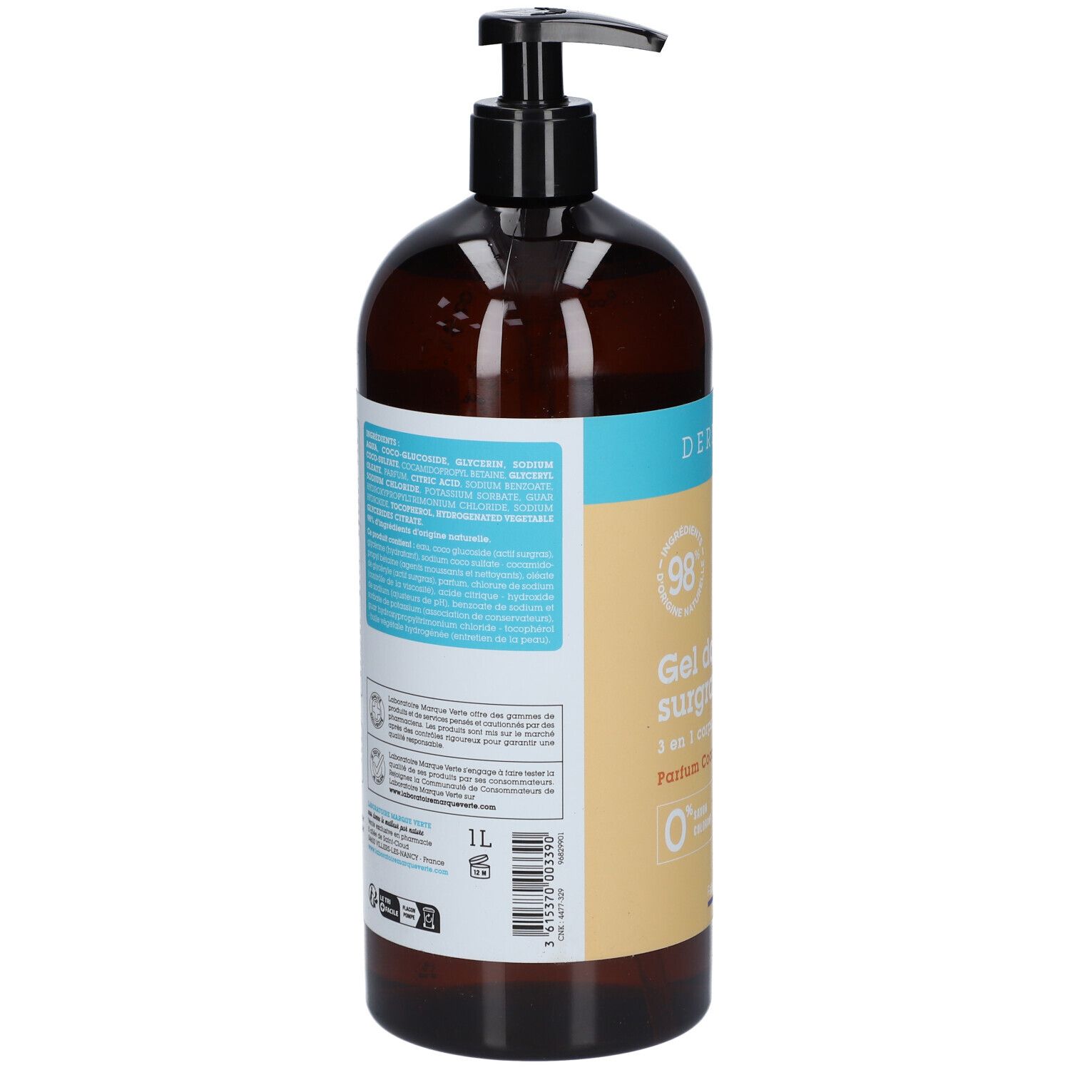 Braune Pumpflasche mit Etikett, 1 Liter Inhalt. Enthält Gel für die Dusche.