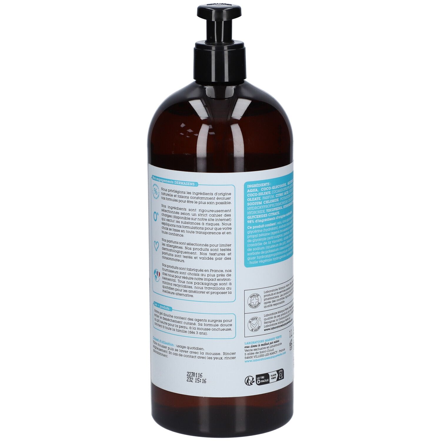 Braune Pumpflasche mit Etikett, das Inhaltsstoffe und Zertifizierungen auflistet.