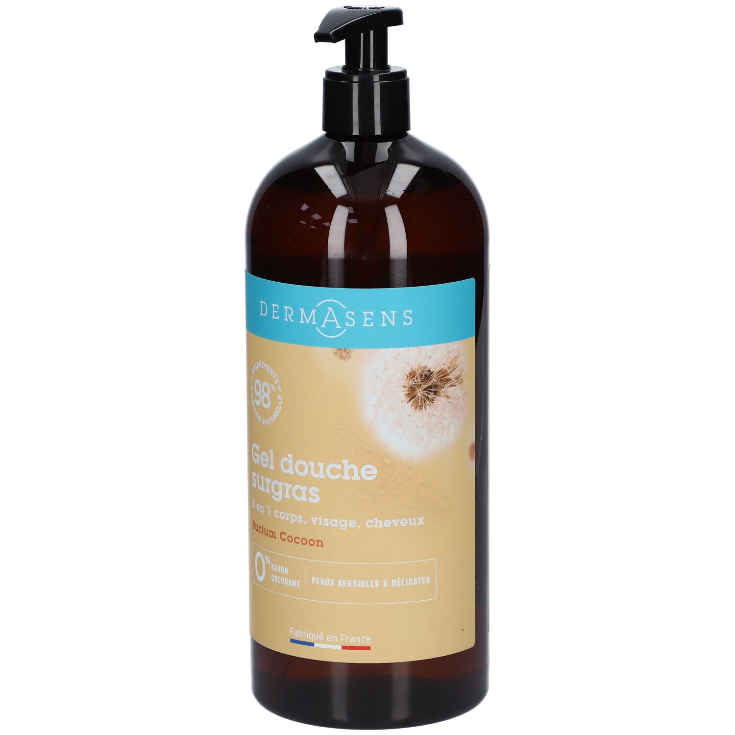Braune Pumpflasche mit Dermasens Gel Dusch Duschgel. Enthält 98% natürliche Inhaltsstoffe.