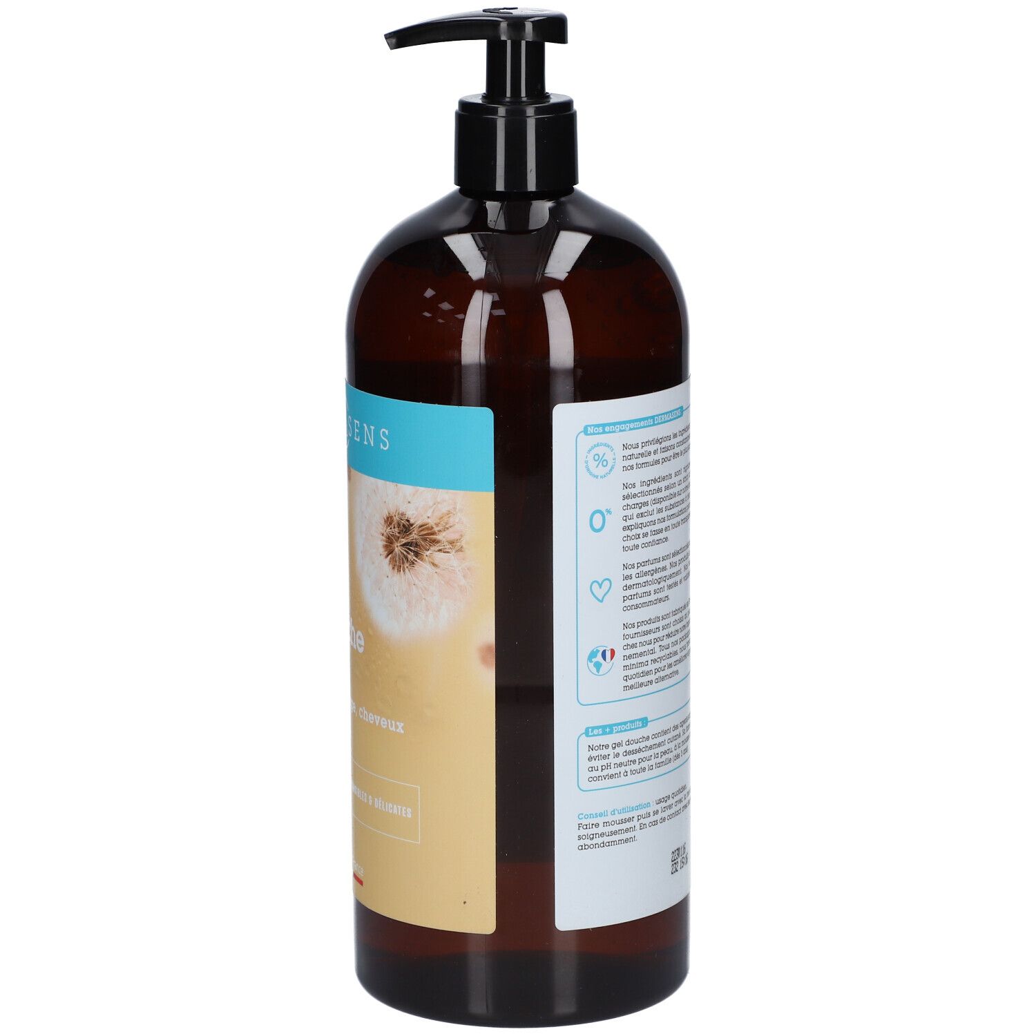 Braune Pumpflasche mit Etikett, das eine Pusteblume zeigt. Schwarzer Pumpspender.