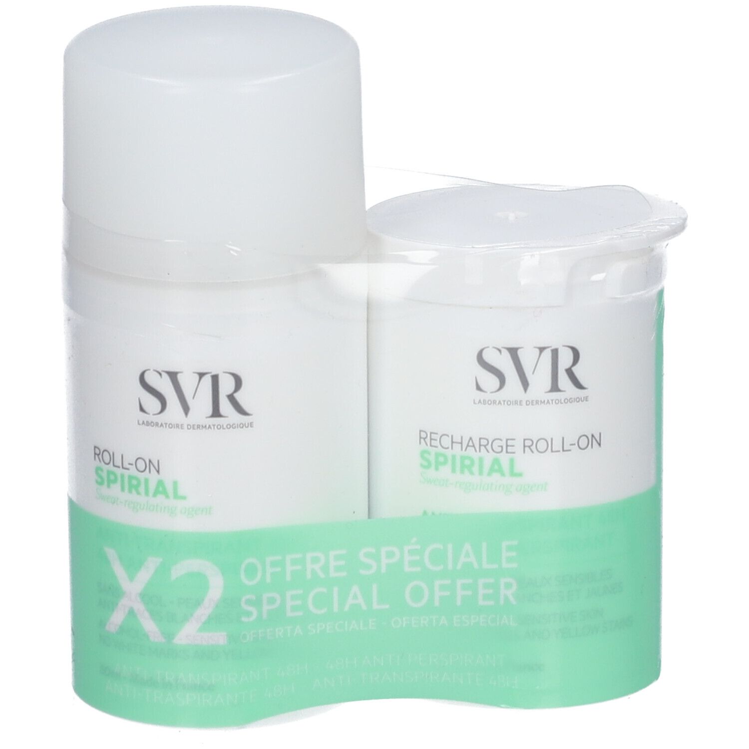 Zwei weiße Roll-On-Deodorants mit grüner Verpackung. Aufschrift: SVR, Spirial, Special Offer. Verpackt.