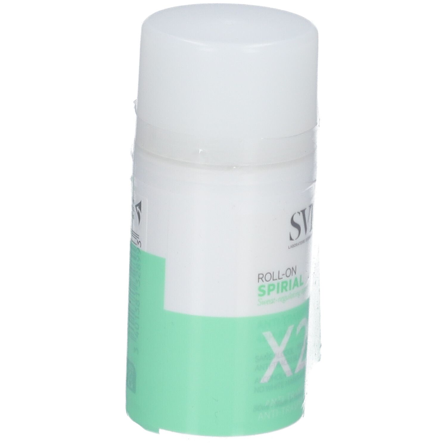 Weißer Roll-On-Deo mit grünem Streifen. Aufschrift: SVR, Spirial. Einzeln verpackt.