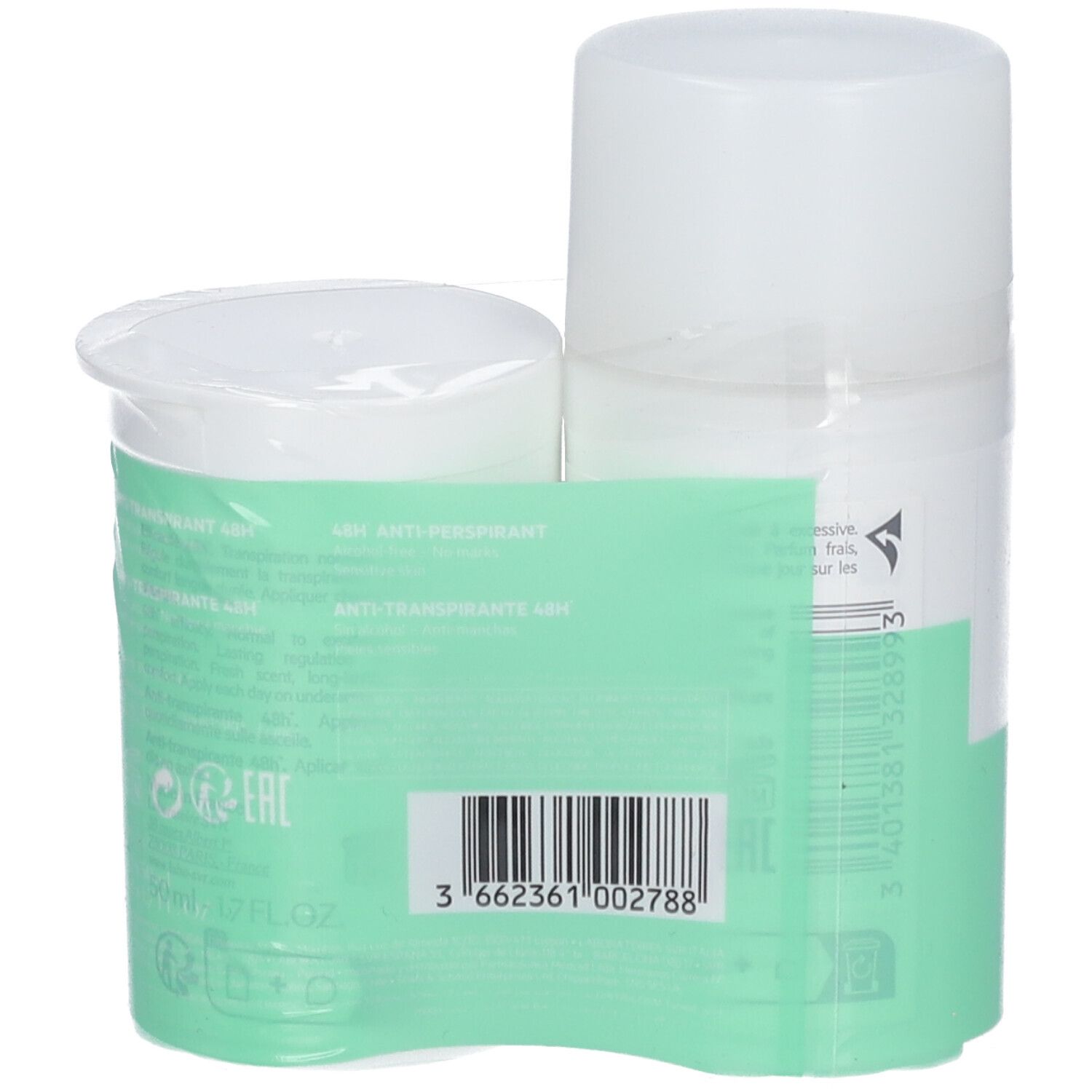 Zwei Roll-On-Deos mit grüner Verpackung. Aufschrift: SVR, Spirial. Barcode und Text auf der Rückseite. Verpackt.