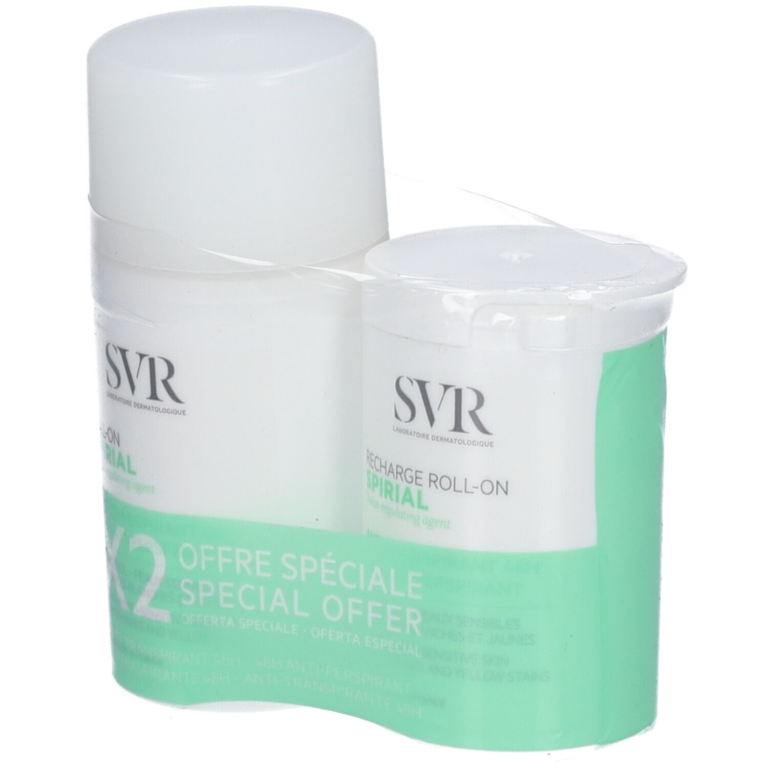 Zwei weiße Roll-On-Deodorants mit grüner Verpackung. Aufschrift: SVR, Spirial, Special Offer. Verpackt.
