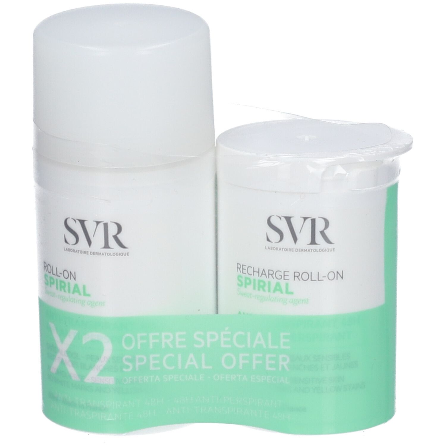Zwei weiße Roll-On-Deodorants mit grüner Verpackung. Aufschrift: SVR, Spirial, Special Offer. Verpackt.