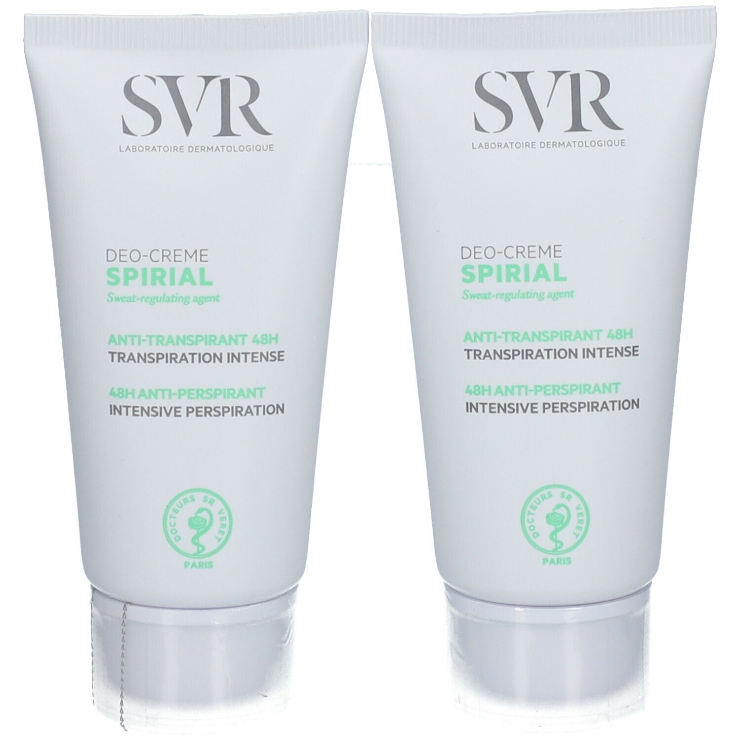 Deux tubes de crème déodorante blanche, impression verte et grise. Marque SVR. Texte: Deo-Creme Spirial, Anti-transpirant 48H.