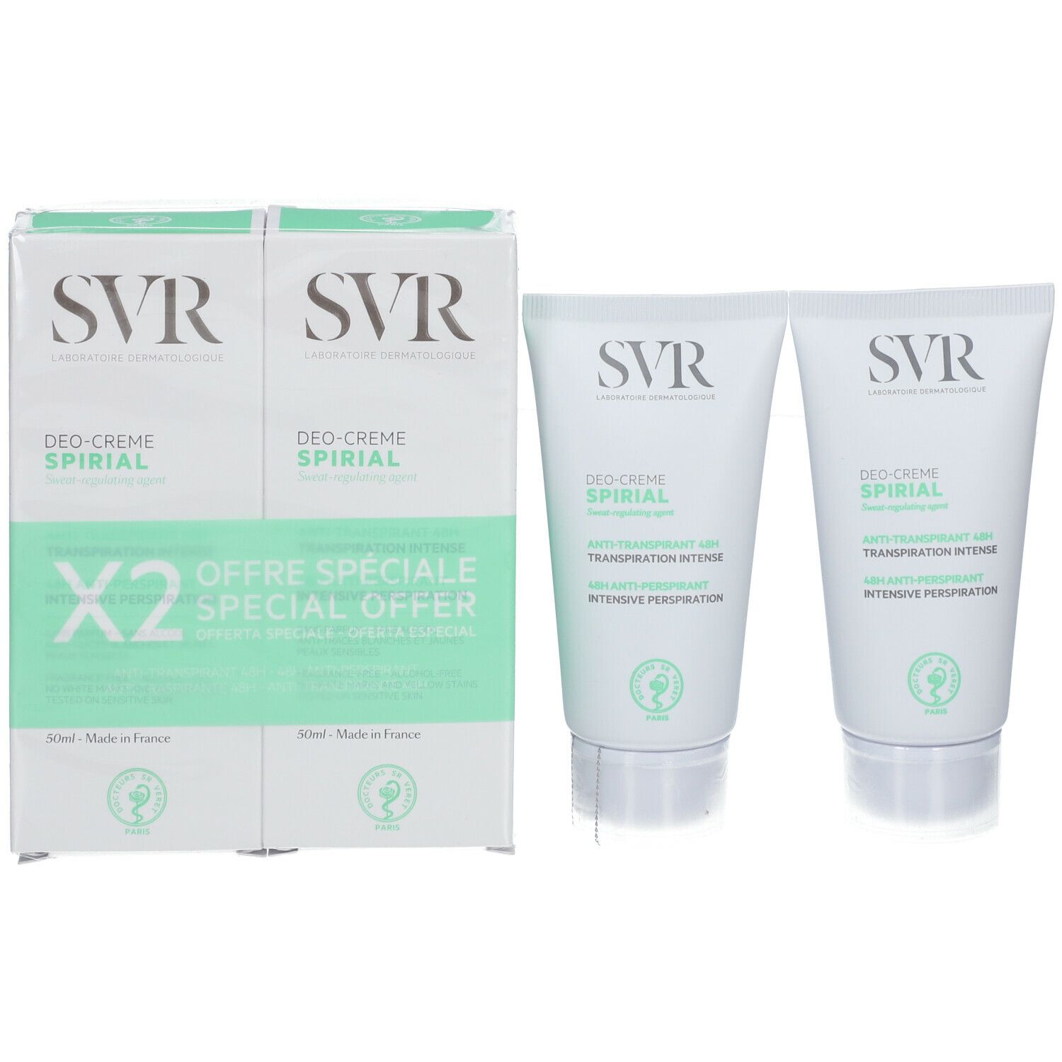 Emballage avec deux tubes de crème déodorante. Blanc, vert. Marque SVR. Texte: X2, Offre Spéciale. Deux tubes à côté.