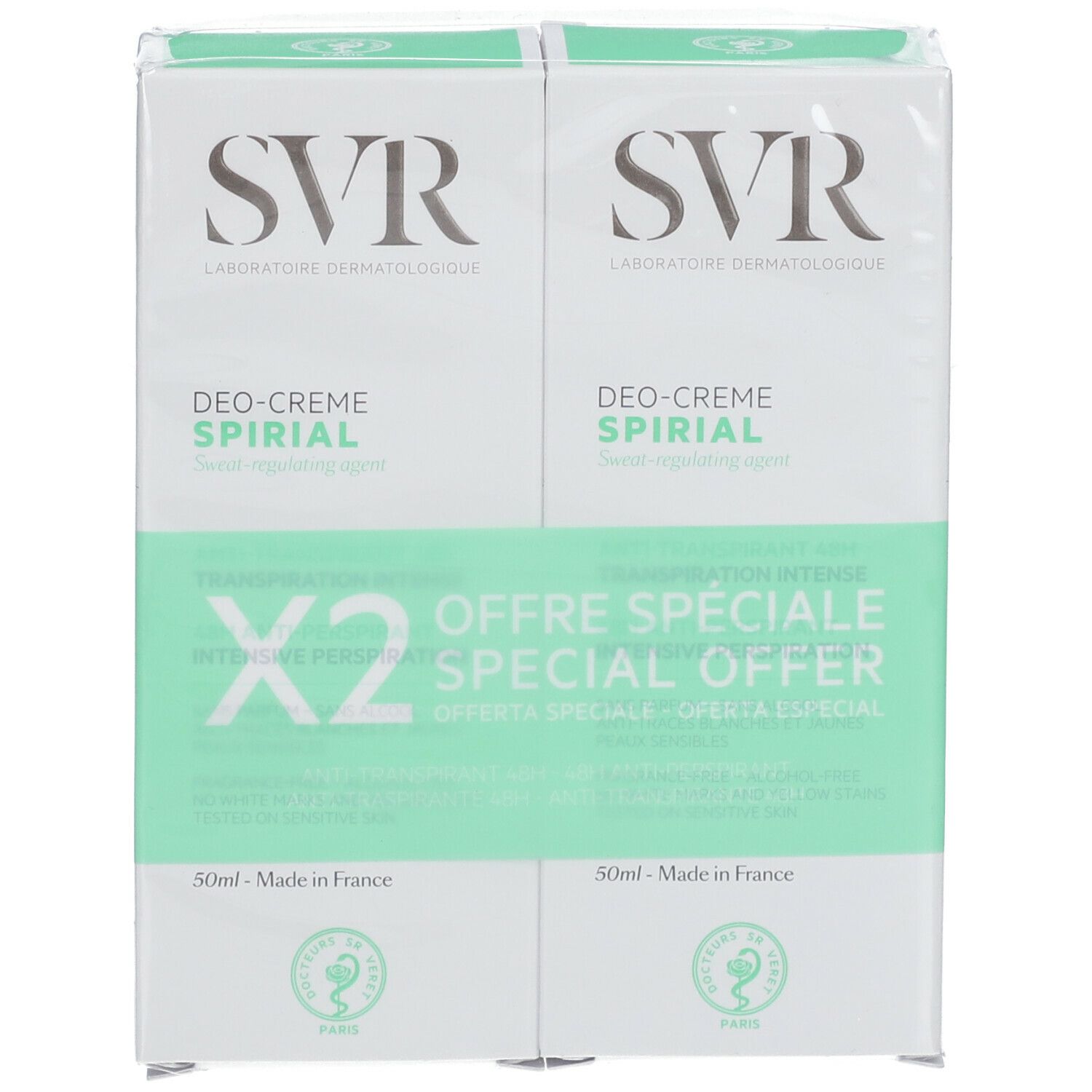 Emballage avec deux tubes de crème déodorante. Blanc, vert. Marque SVR. Texte: X2, Offre Spéciale. 50ml - Made in France.