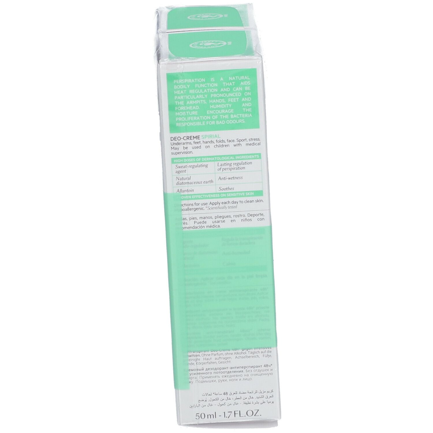 Dos de l'emballage avec texte. Blanc, vert. Marque SVR. Texte: Deo-Creme Spirial. 50ml - 1.7 FL.OZ.